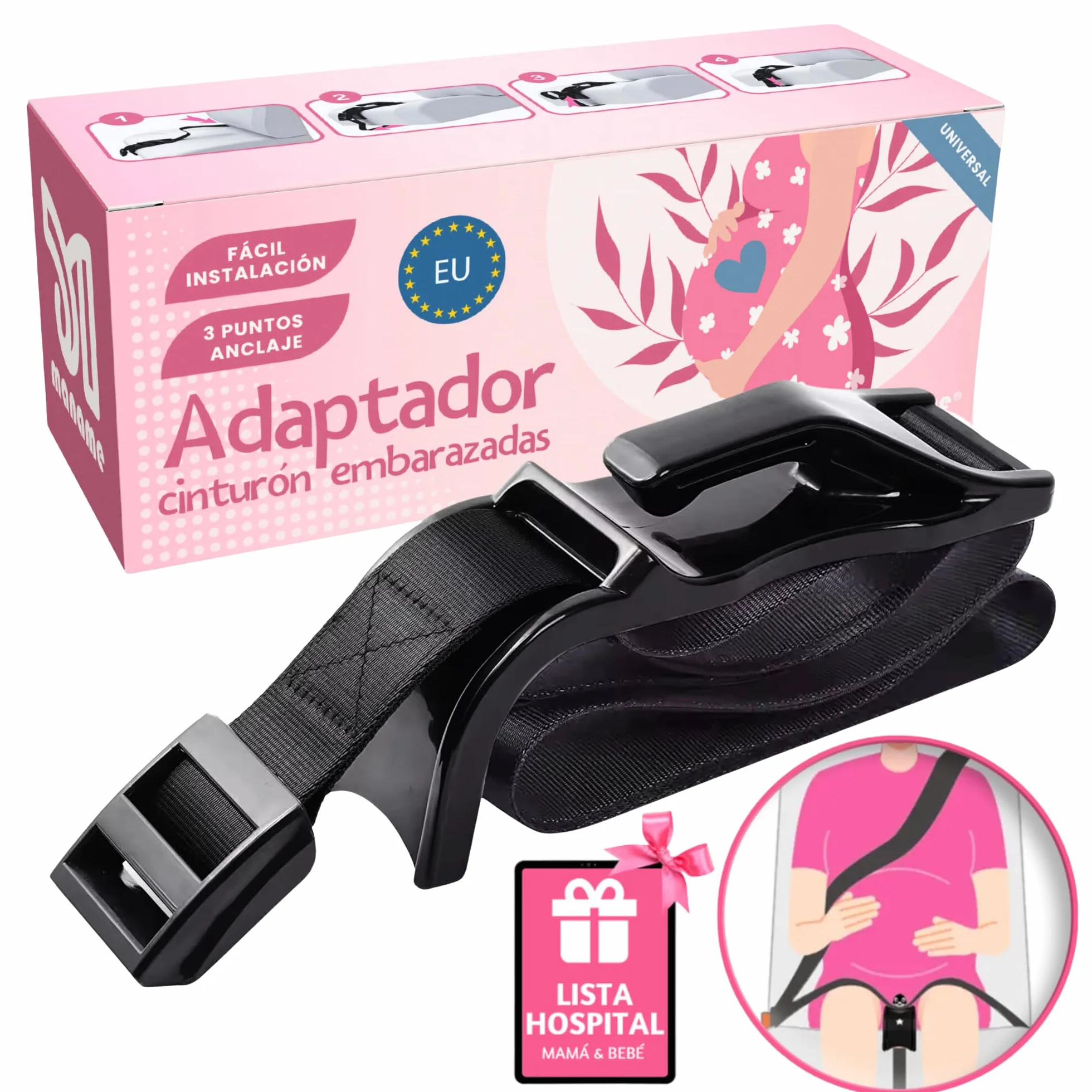 Adaptador Cinturon De Seguridad Para Embarazada. Ajustador Homologado Para Maternidad, Protege A Tu Bebe En El Coche De Impactos, Presiones. Anclaje Premama Embarazo.