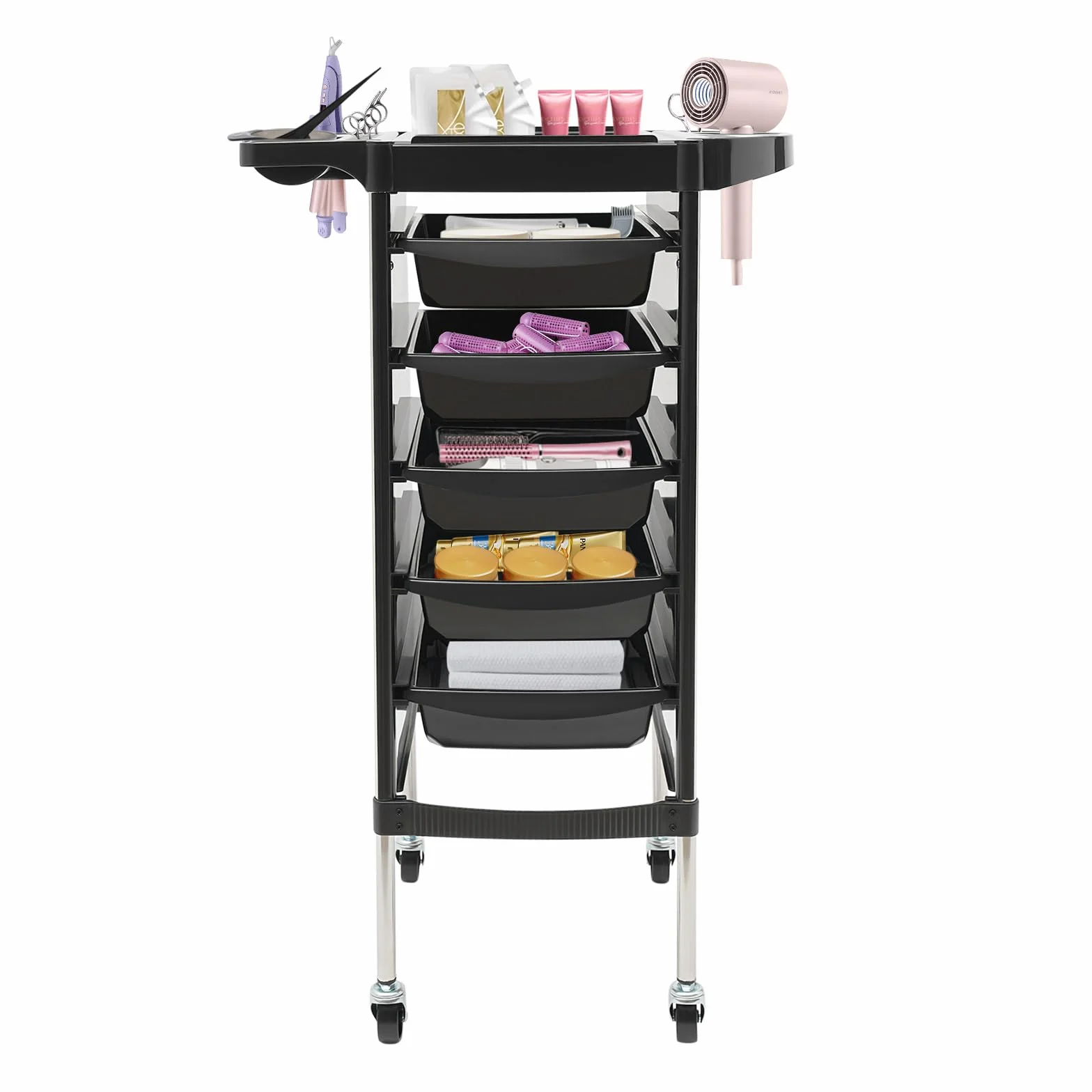 Carrito de peluquería 6 pisos 5 cajones acero inoxidable negro 36x85.5 cm