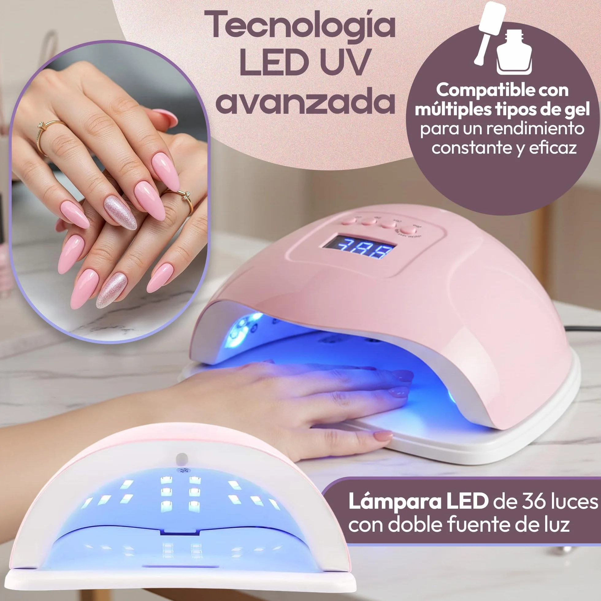 Lámpara Secadora Uñas LED UV 150W con 4 Temporizadores, Secador de Uñas con Sensor Automático