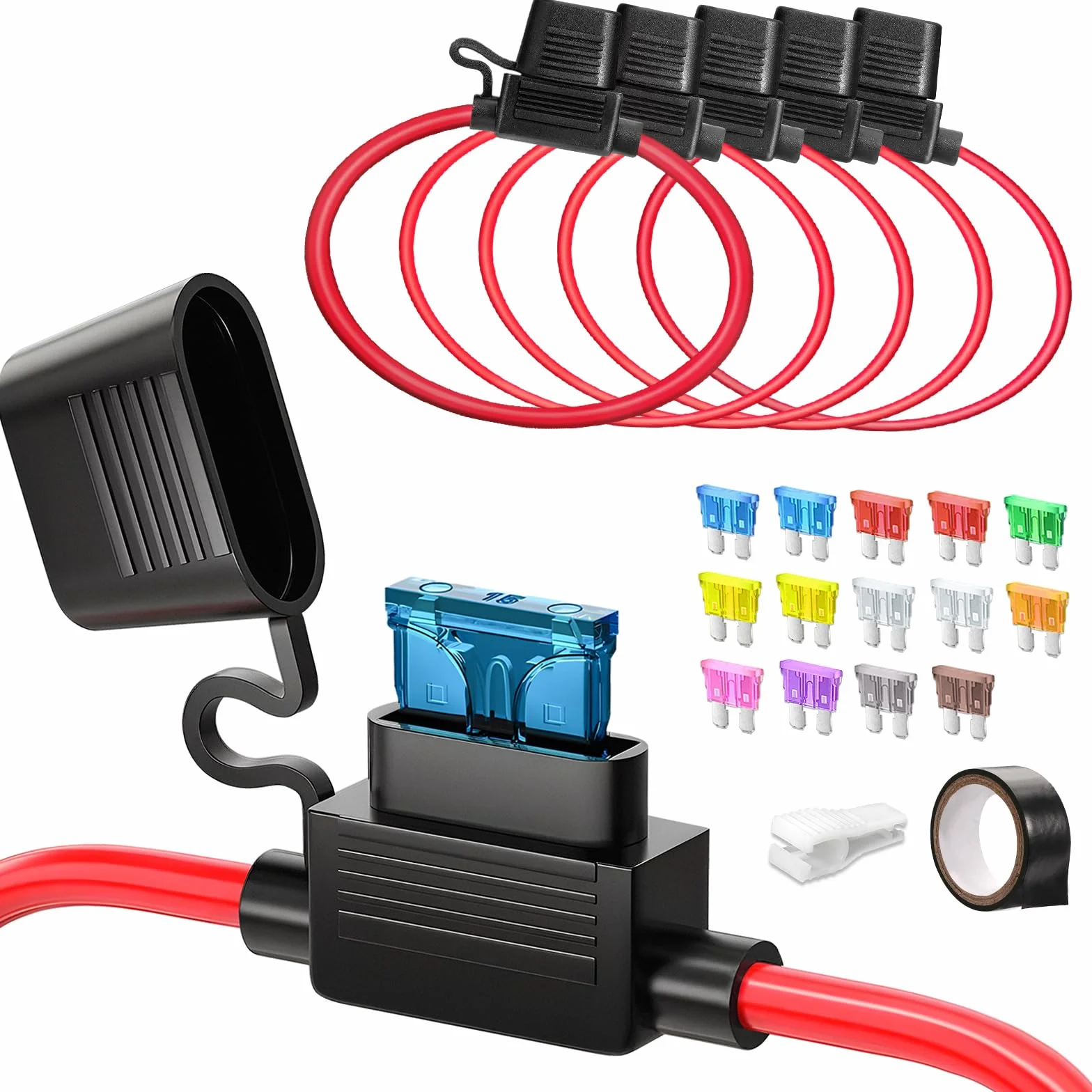 JOREST Portafusibles Impermeable 12V 5pcs 12(1)+16AWG(4) con 14 Fusibles Standard