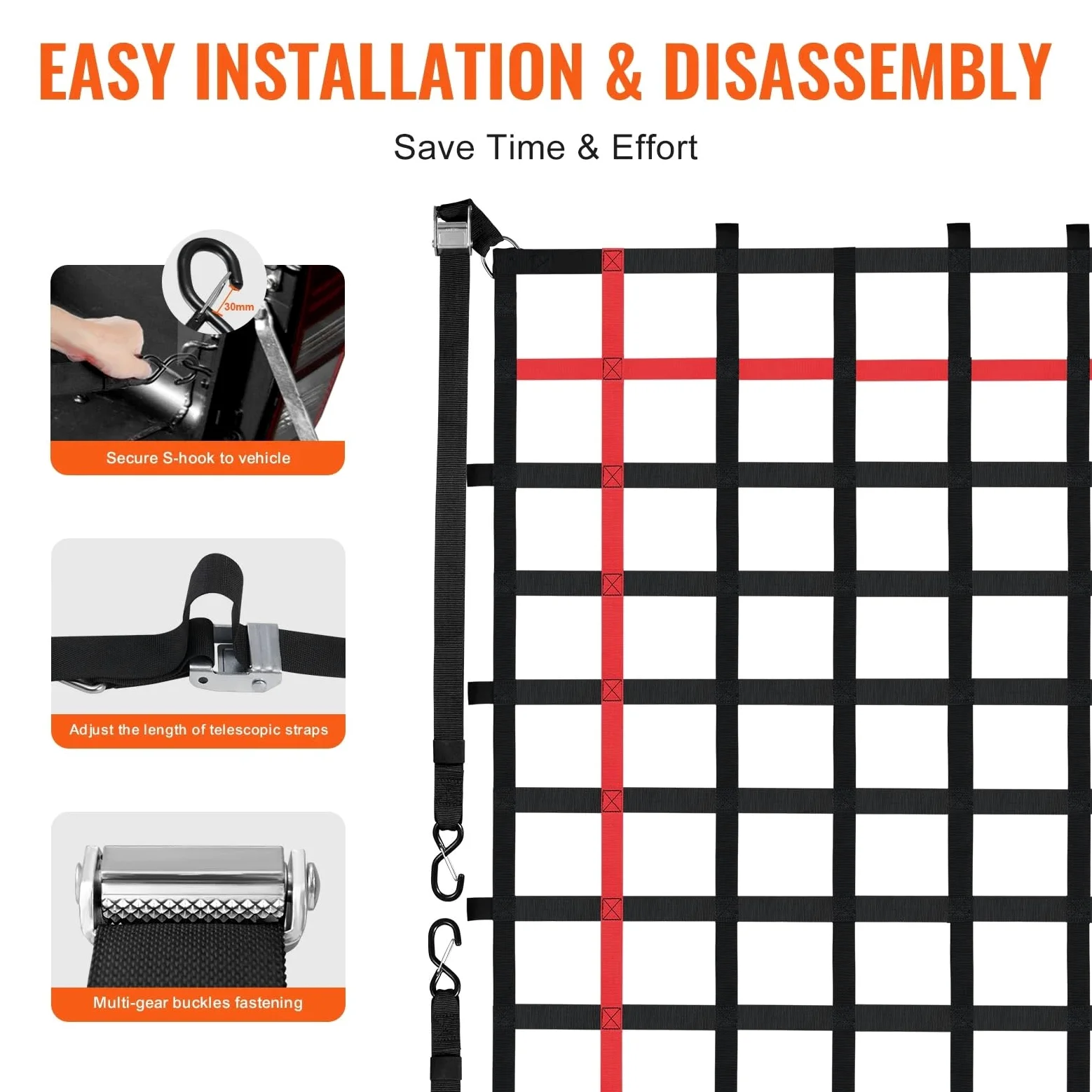 Red Maletero de Coche Car Trunk Rooftop Net Mesh Cargo with 4 Adjustable Straps& S-Hooks Trailer Dumpster Extend Covers