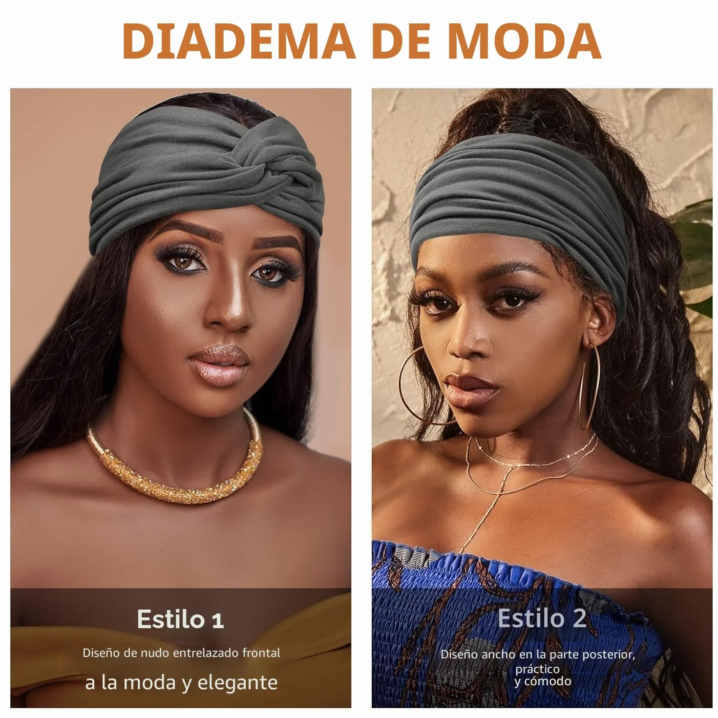 Mujer Cinta Pelo Elástica Ancha Turbante Bandana 4 Pcs 7'' Gris