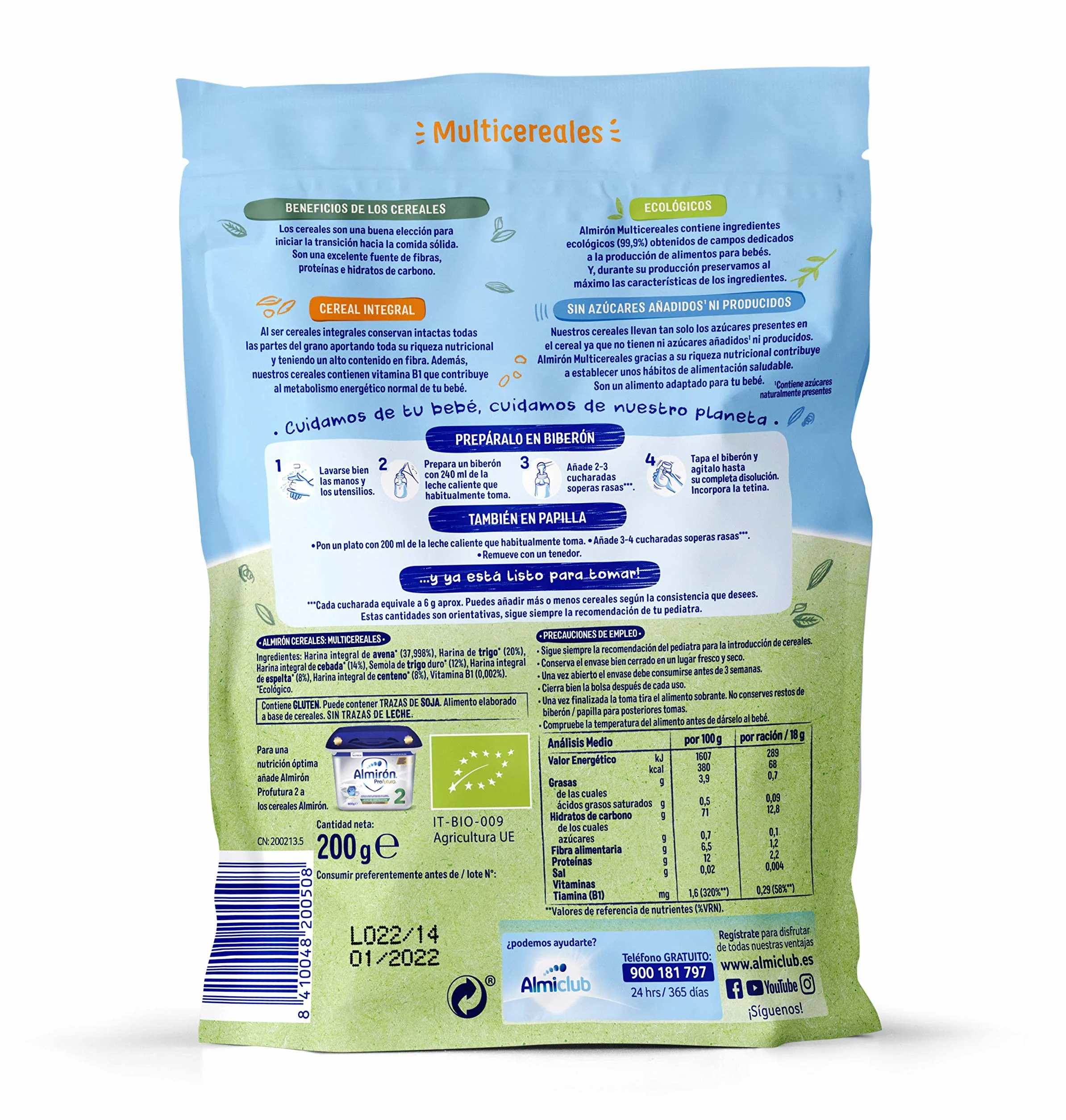 Almirón Cereales Infantiles Ecológicos Multicereales, Pack 1,6 kg, 8 Unidades