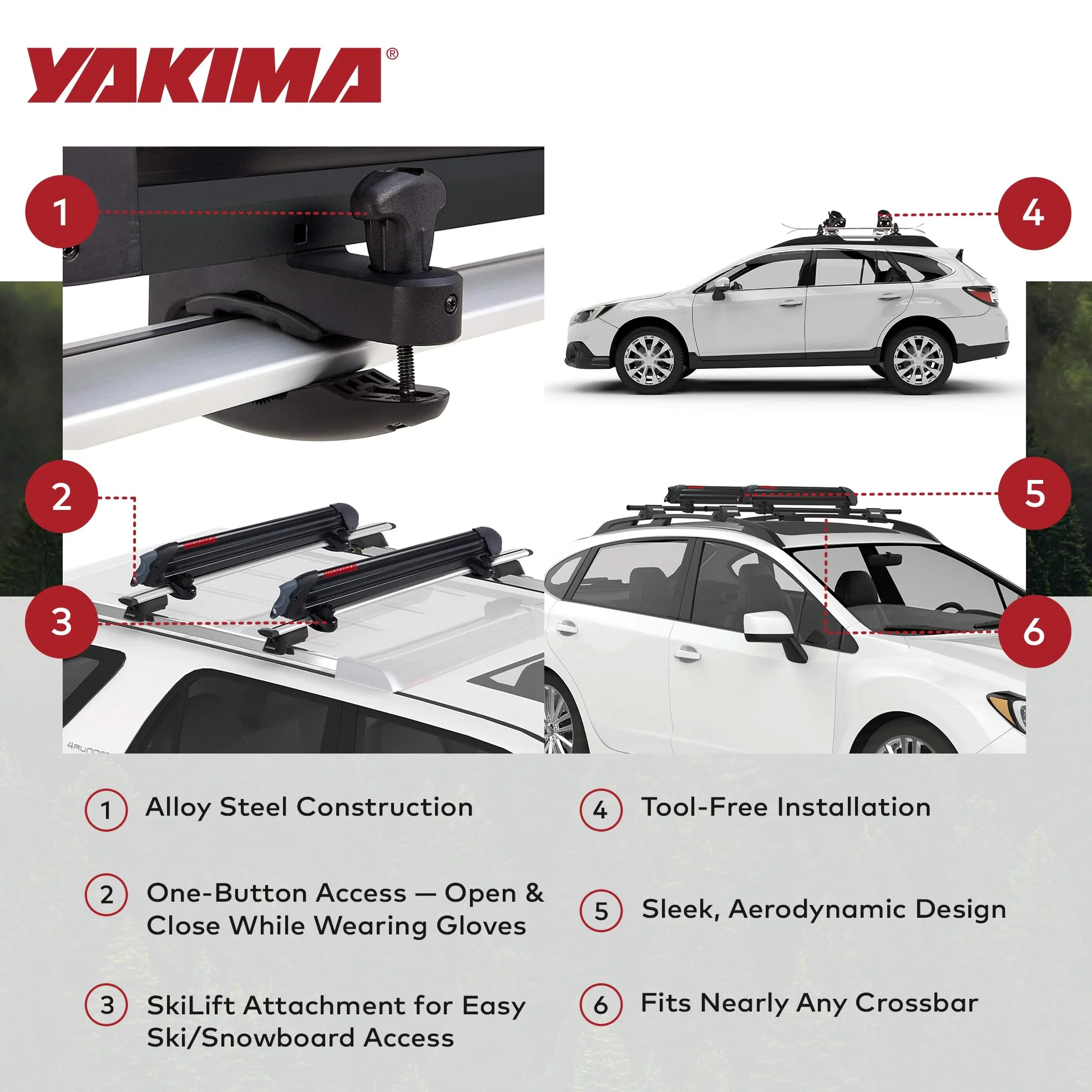 Yakima, PowderHound 6 Soporte de esquí y Snowboard, se Adapta a hasta 6 Pares de esquís o 4 Tablas de Snowboard, Paseos Silenciosamente, se Adapta a la mayoría de bastidores de Techo, Negro