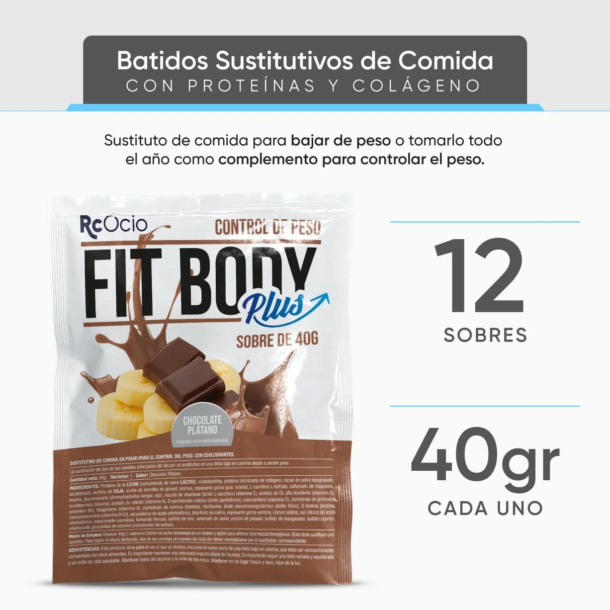 Batidos Sustitutivos de Comida con Proteínas y Colágeno | Control de Peso | Batido Dietético Saciante | Chocolate Vainilla Fresa Plátano