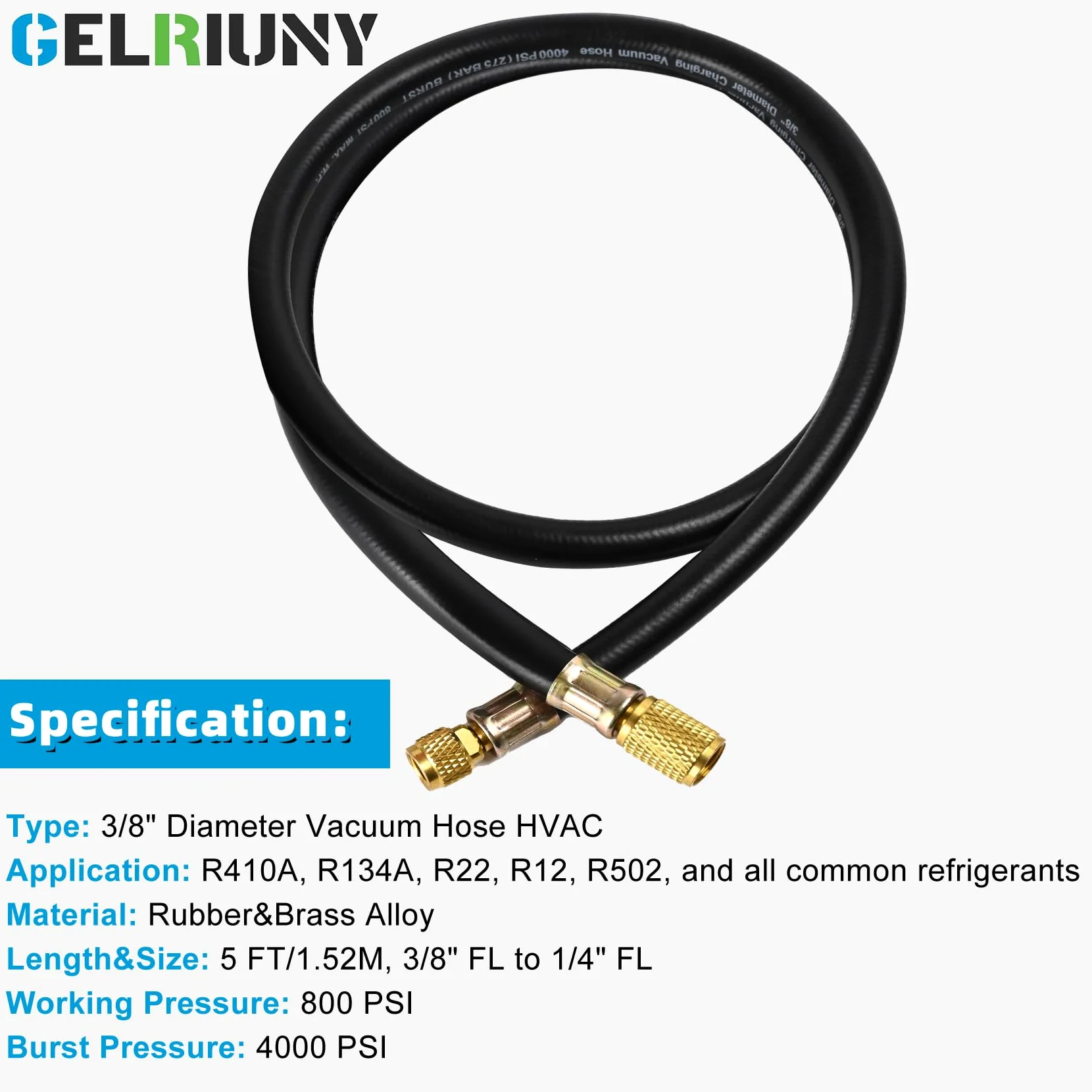 HV1S - Manguera de vacío de 3/8 pulgadas, accesorios: 3/8 pulgadas x 1/4 pulgadas, presión de trabajo: 800 (Psi), presión de ráfaga: 4000 (Psi), compatible con la mayoría de equipos de refrigeración y