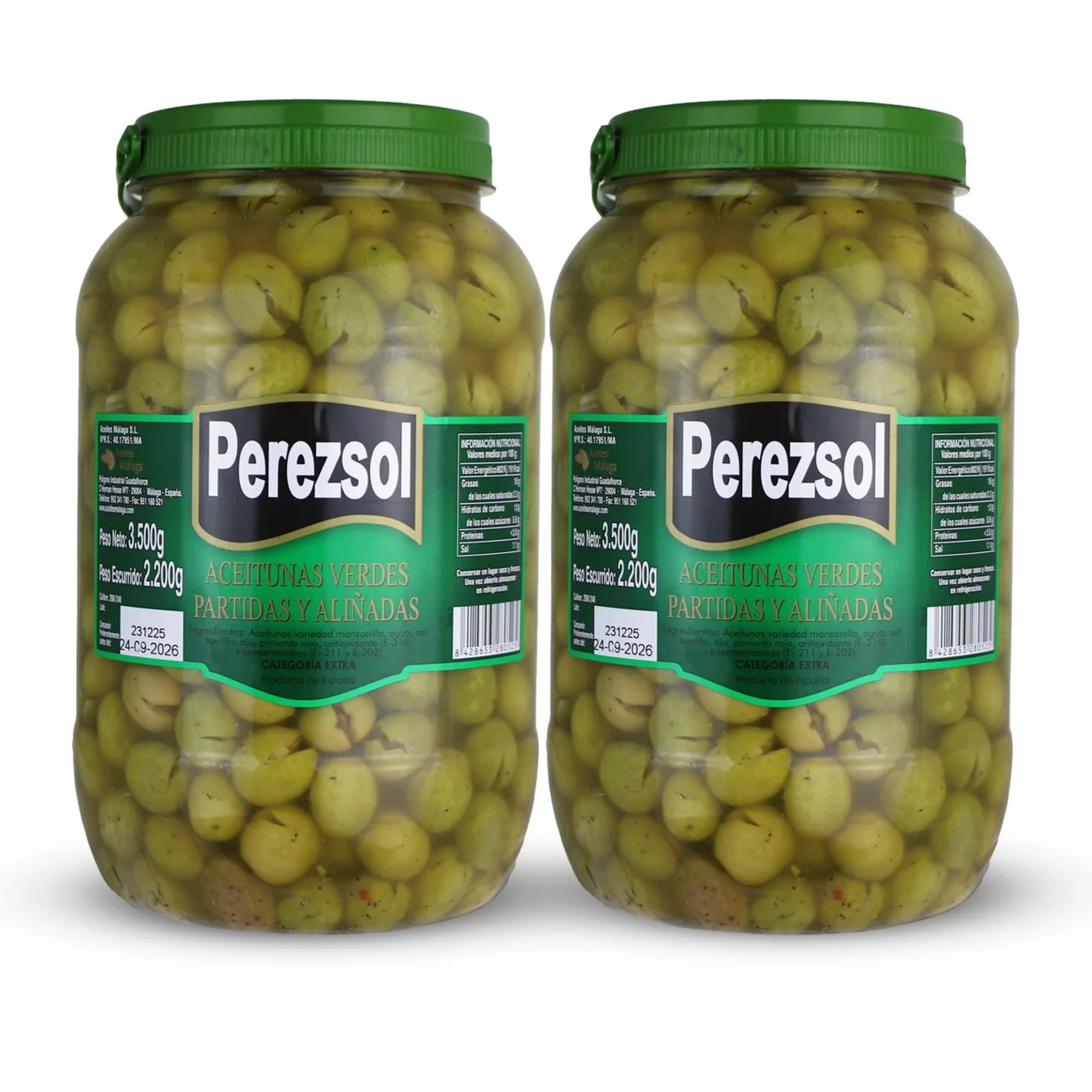 Aceitunas Manzanilla Partidas Extra Perezsol Bote 3 kg (2,2 kg Escurrido) Aperitivo Español