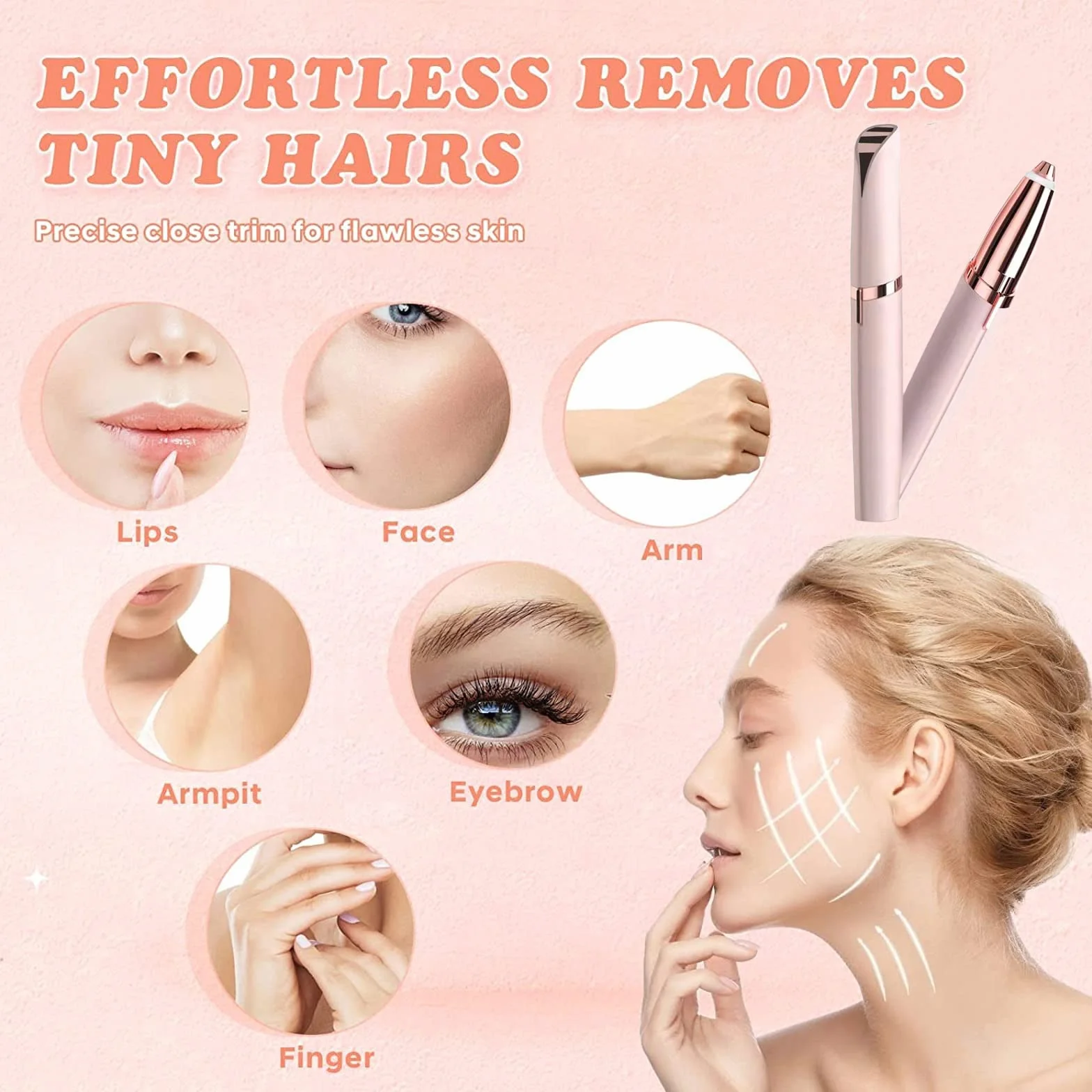 Depiladora Facial Mujer Recargable Impermeable Recortador de Cejas USB Portátil Sin Dolor Luz LED