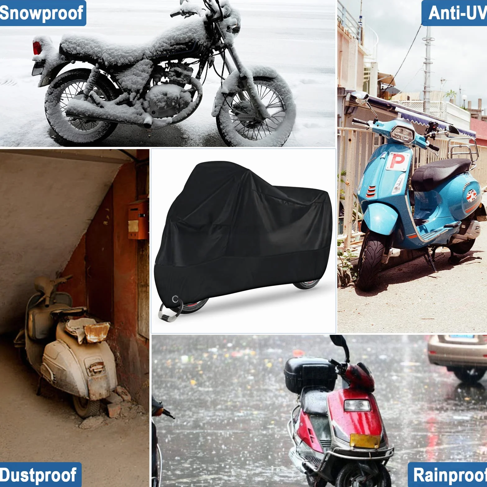 Carehabi Funda Moto Impermeable Funda para Moto XXL Exterior Impermeable para Cubre Scooter Motocicleta Calle/Scambler/Trail/Cross/Enduro - 245 x 105 x 125 cm Negro