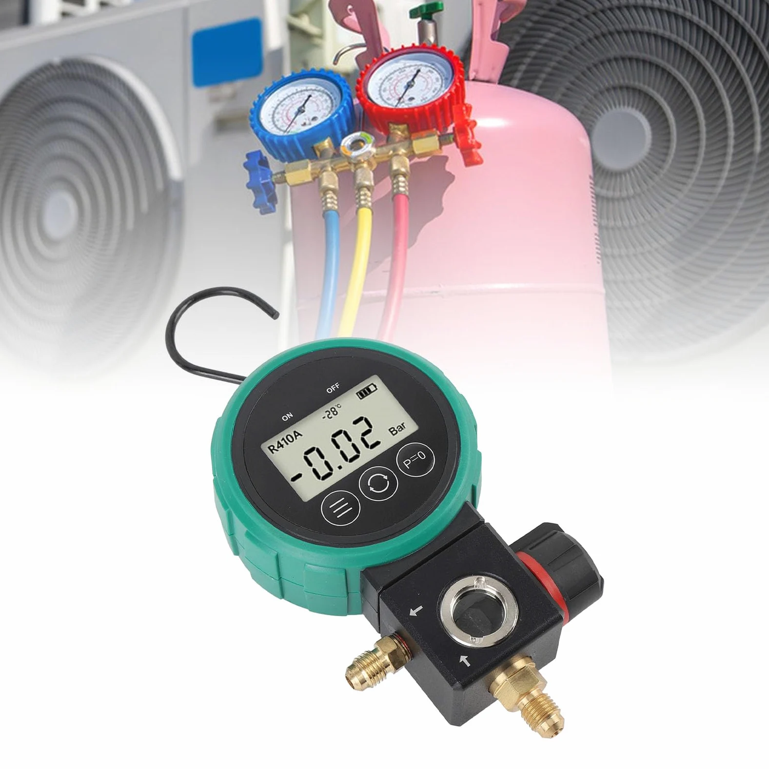 Manómetro digital HVAC, sensor de alta precisión, medidor de vacío con manguera y adaptador, apagado automático, alarma de sobrepresión para refrigerante R22, R32, R410A