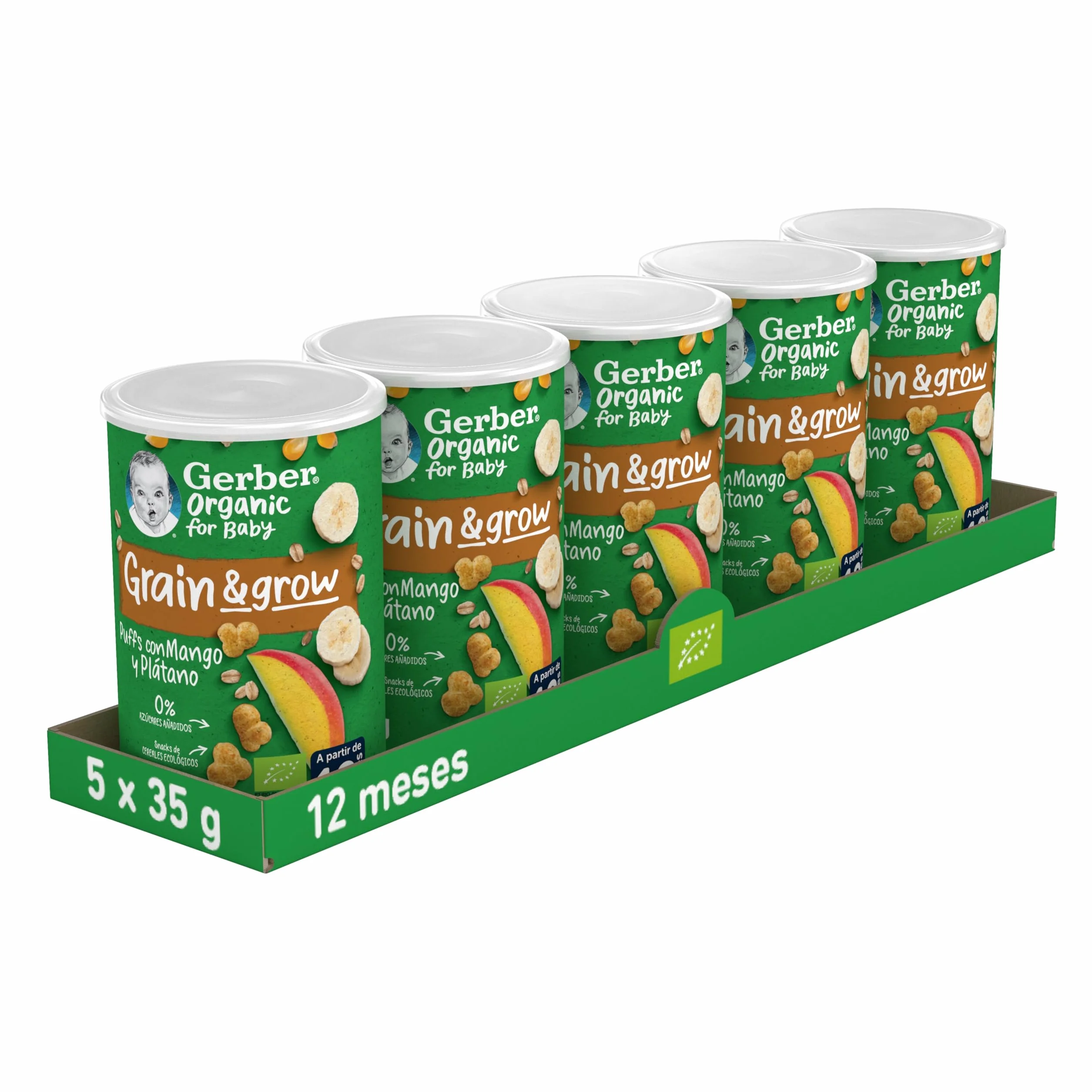 Gerber Organic Snack Maíz y Avena con Mango, 12 meses, 5 x 35 g