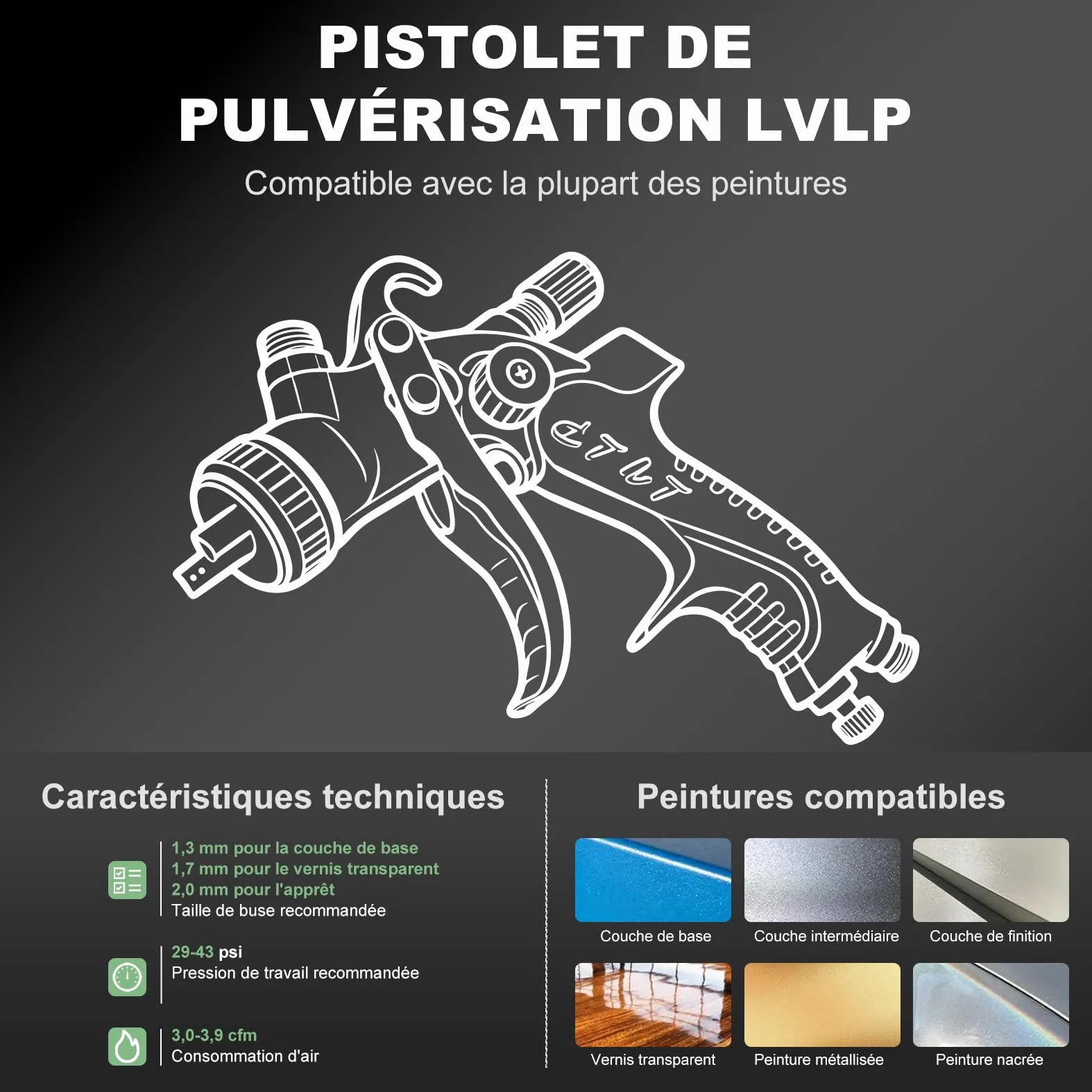 LVLP - Pistola de pulverización de Aire con 10 Tazas mezcladoras Desechables y regulador de Aire, Boquilla de 1.3/1.7/2.0 mm, Pistola de Pintura para automóviles, Pintura de casa, Muebles