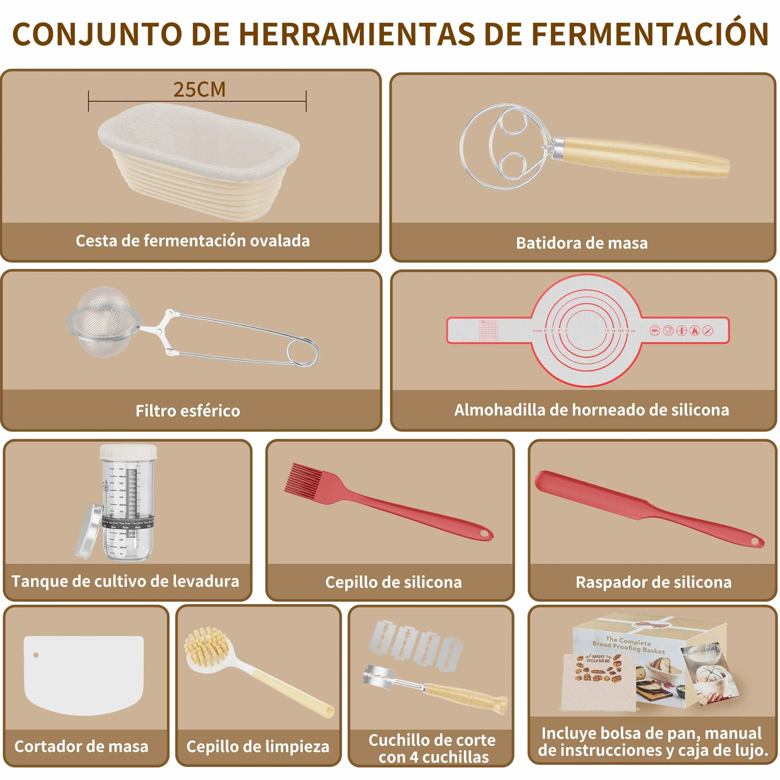 Kit Completo de Inicio de Masa Madre 11 Piezas, Cesta Oval de Ratán Artesanal, Tarro y Accesorios para Hacer Pan
