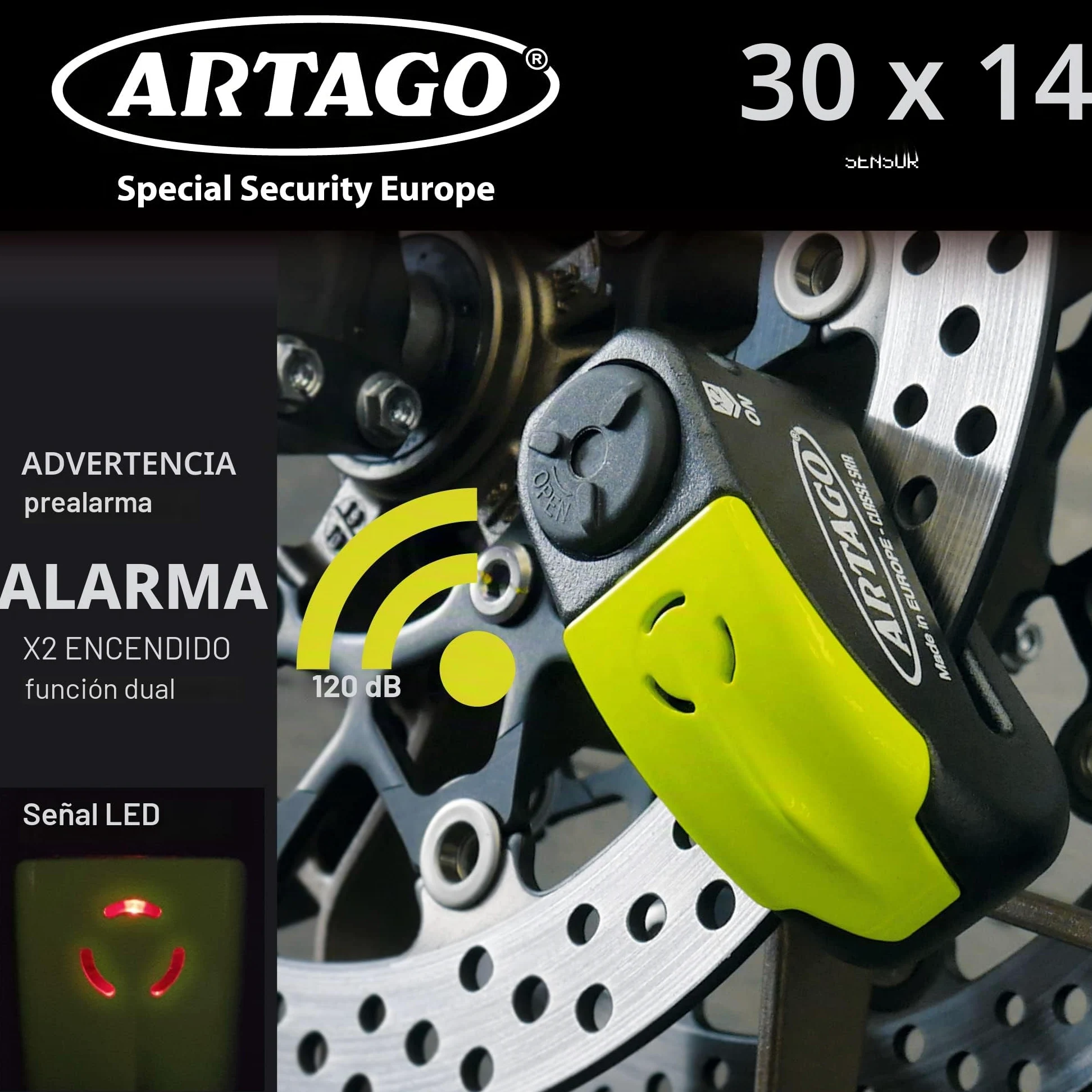 Artago 30X4 Pack Candado Antirrobo Disco con Alarma 120db Alta Seguridad + Soporte para Honda CRF 1000l Africa Twin, Homologado SRA y Sold Secure Gold
