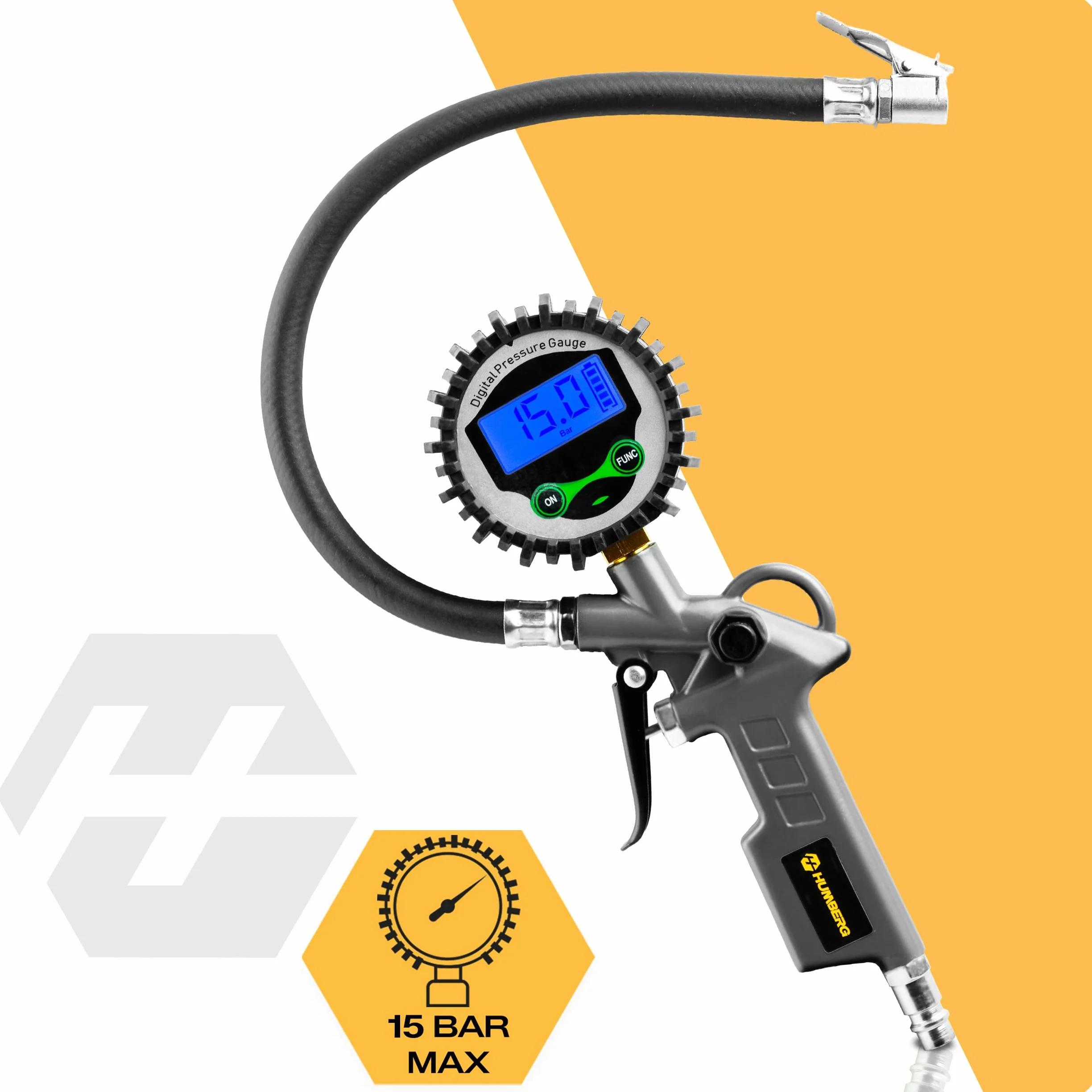 Humberg Inflador digital de neumáticos con manómetro – manómetro de presión de neumáticos de 15 bares con pantalla LCD – Medidor de presión de aire para coche, moto y bicicleta – Manguera de 34 cm