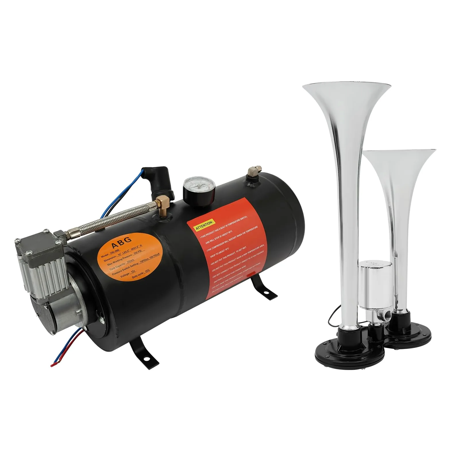 Compresor de aire 12 V, compresor de aire comprimido 150 psi con 3 L, cobre, modelo ON-688, para coches y barcos, con cuernos de aire, color negro