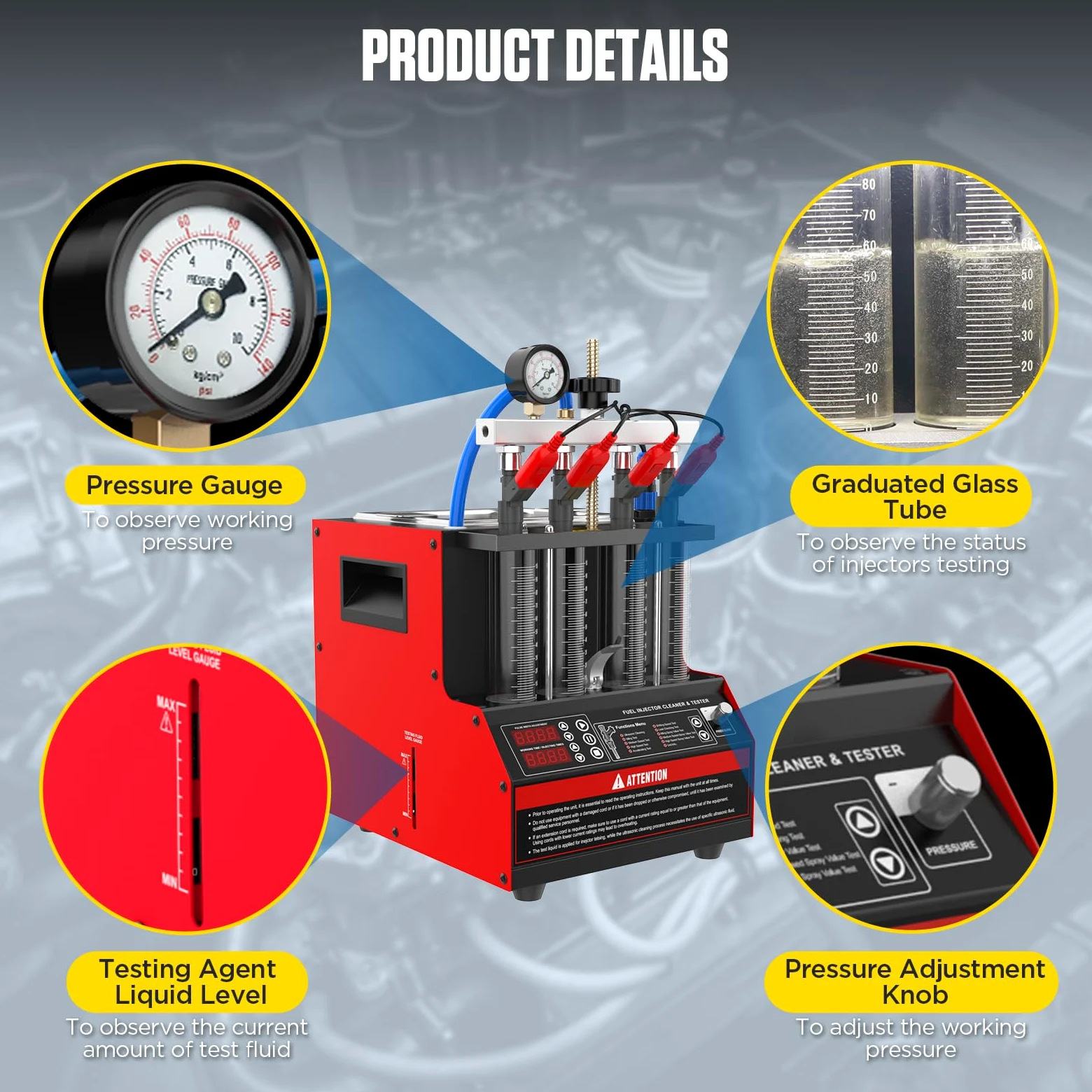 Limpiador de inyectores CT160 con calefacción, probador de inyectores para motores de 4 cilindros,para inyectores de gasolina de inyección directa con boquilla piezoeléctrica de 11 funciones,110V/220V | 11 programas de prueba, limpieza ultrasónica con cal
