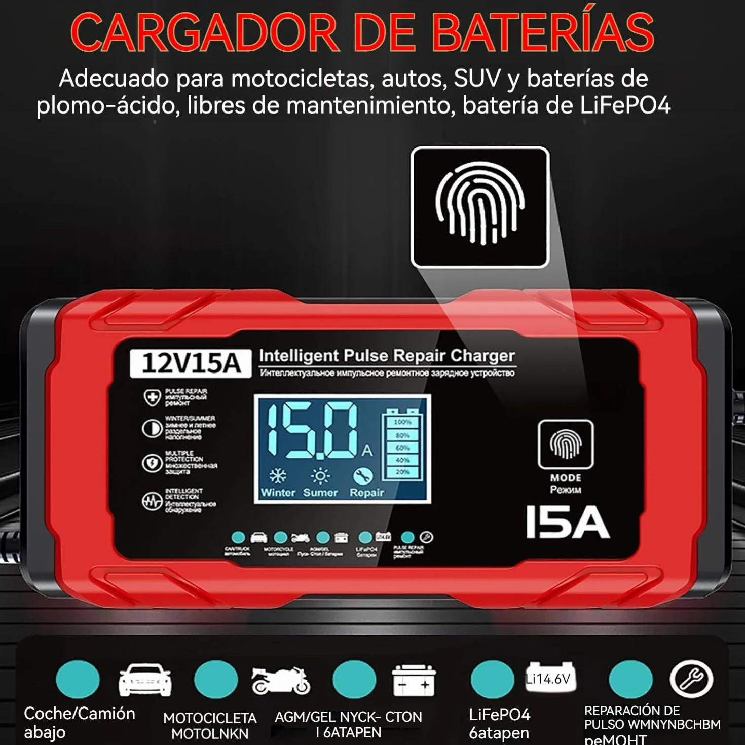 Cargador Baterias Coche 15A - Inteligente Cargador Bateria Moto 12V 15A, Compensación de Temperatura, Apto para Baterías de Plomo-ácido y de Fosfato de Hierro y Litio, Barcos y Motocicletas