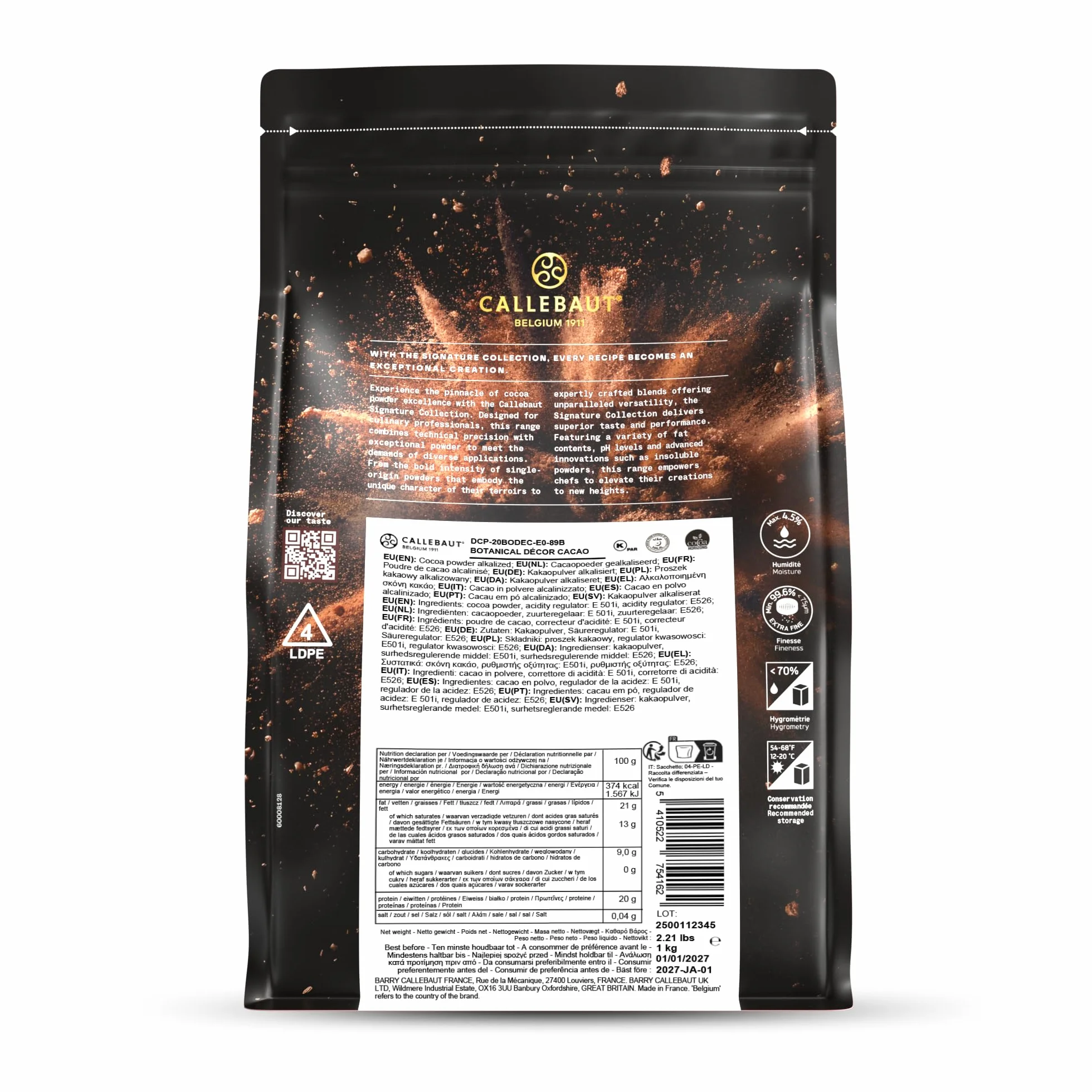 Callebaut Signature Collection Botanical Décor Cacao en polvo alcalizado 20-22% grasa hidrofóbico 1 kg