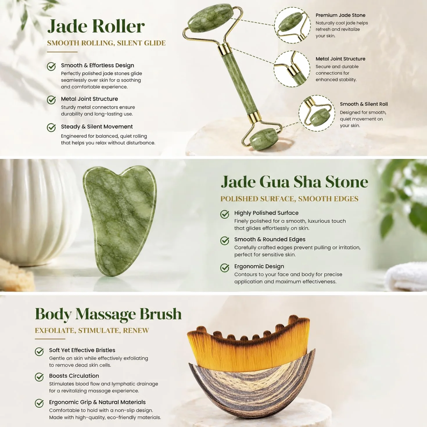 Cepillos Linfáticos Faciales Set 4 Piezas Jade Gua Sha y Rodillo de Jade Masaje Tensado Facial