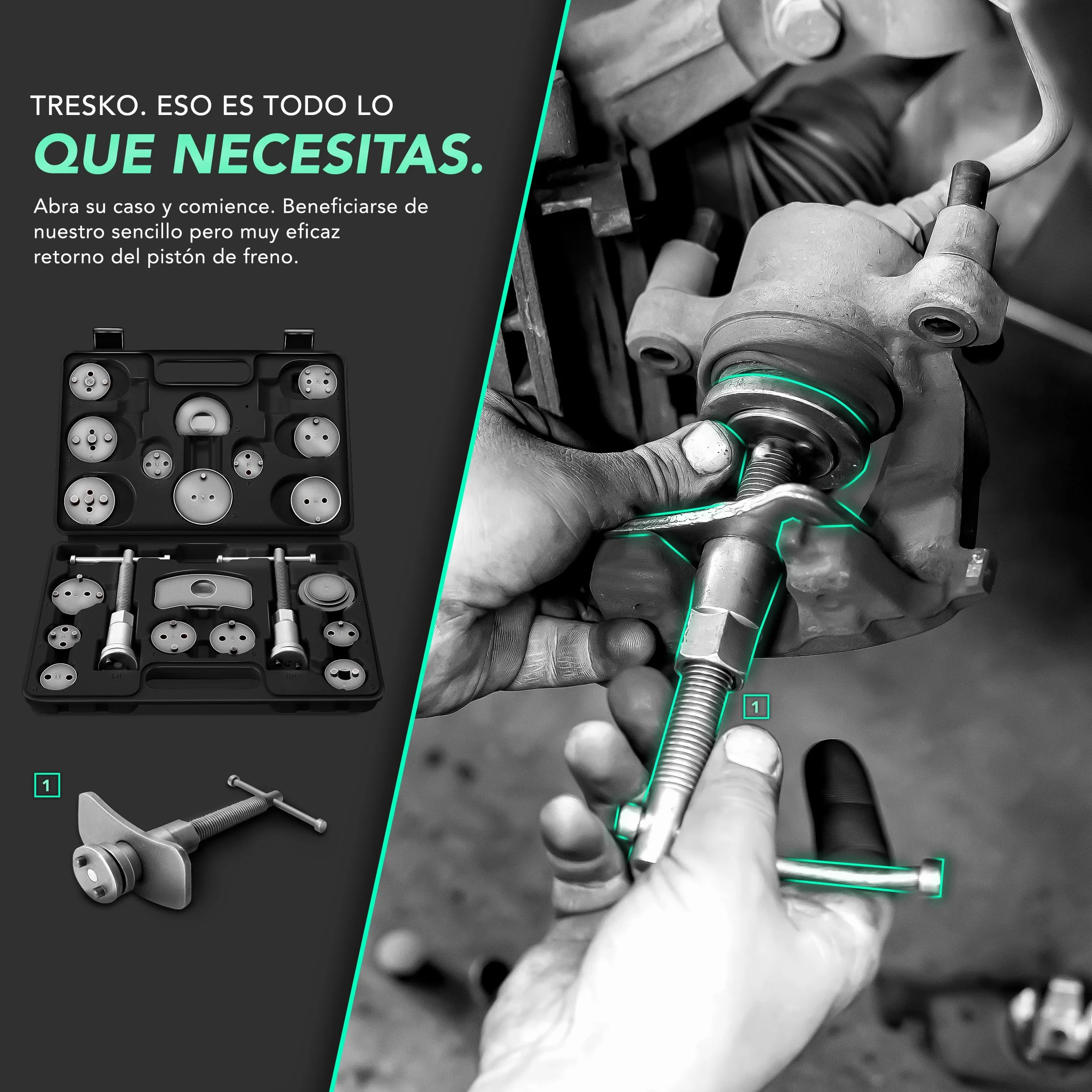 TRESKO® Reposicionador de pistones de Freno 23 Piezas Incl. Guantes para reposicionar el pistón de Freno al Cambiar los Discos, Las Zapatas o Las Pastillas de Freno