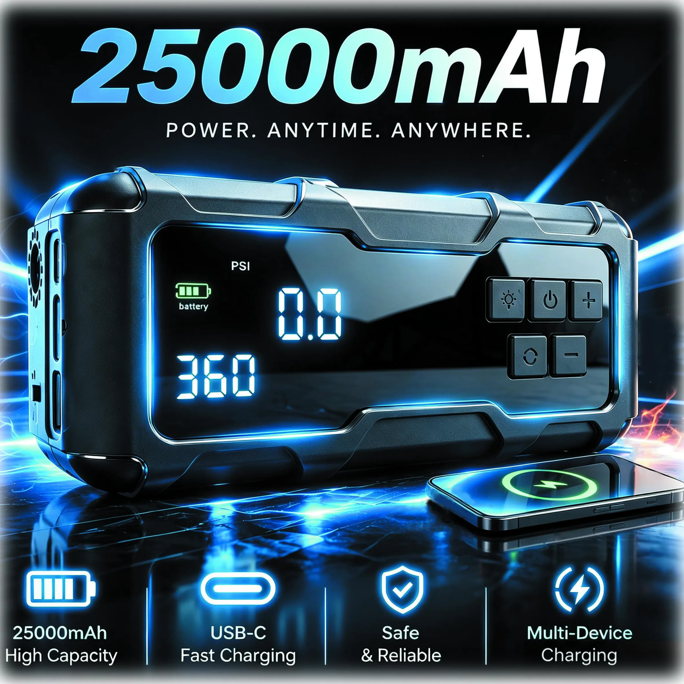 Inflador de neumáticos portátil compresor de aire bomba de aire para neumáticos de coche con manómetro digital, iluminación de emergencia y función de apagado automático, bomba inalámbrica