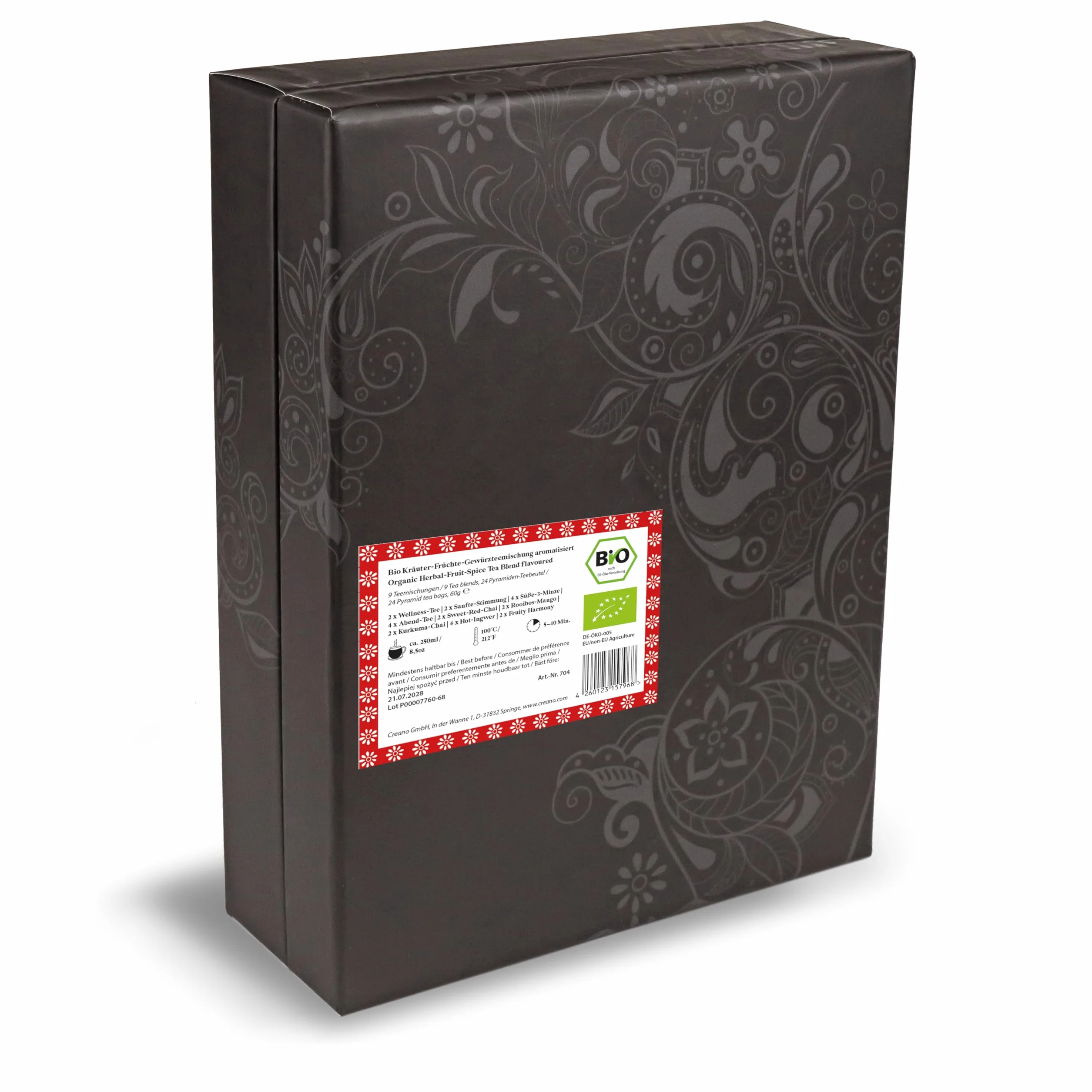 Creano Set de Regalo de Té Bio Orgánico Infusión de Hierbas 24 Bolsitas Piramidales 9 Variedades Sin Cafeína