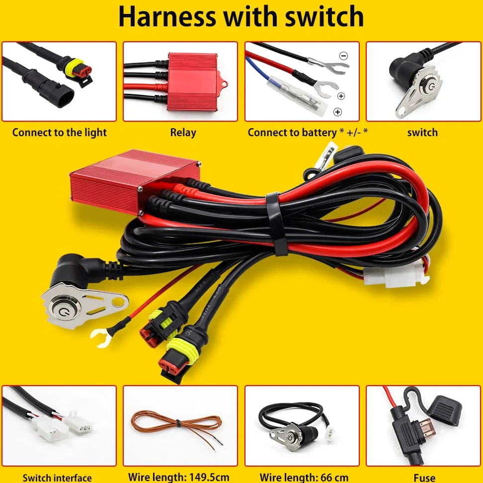 2 luces Auxiliares para Motocicleta con Arnés de Cableado y Lente Amarilla, 60W Faros Delanteros para Motocicleta, Luces Antiniebla LED DRL 12V 24V para Coche, Camión, Barco, ATV, SUV