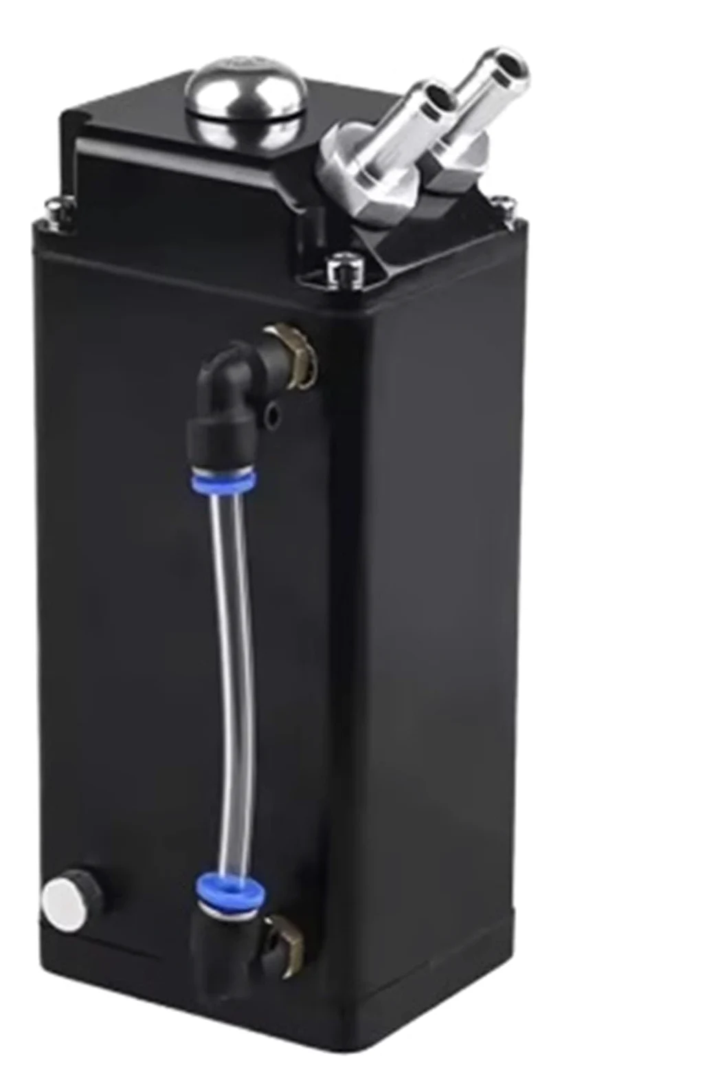 Botella Refrigerant Lata de captura aceite con forma motor coche, depósito tanque aluminio cuadrado 2 puertos filtro aire y accesorios manguera silicona(Black)