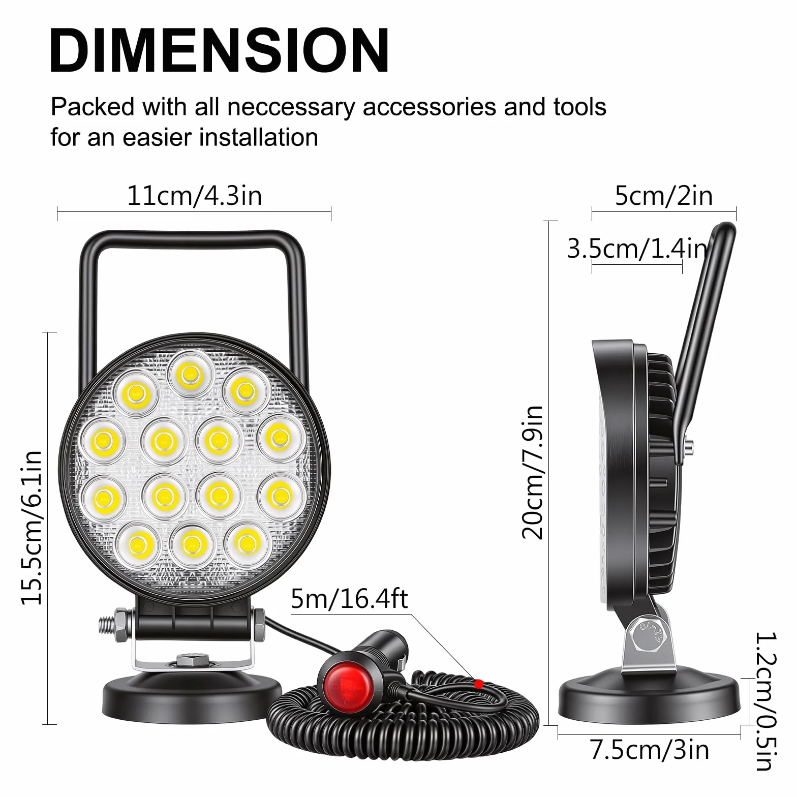 RIGIDON 42W Luz de Trabajo Con Base Magnética, 4 Pulgadas, Lámpara Portátil Para Off Road Camión Coche SUV 4x4, Faro LED Con Imán 12V 24V, 6000K Blanco