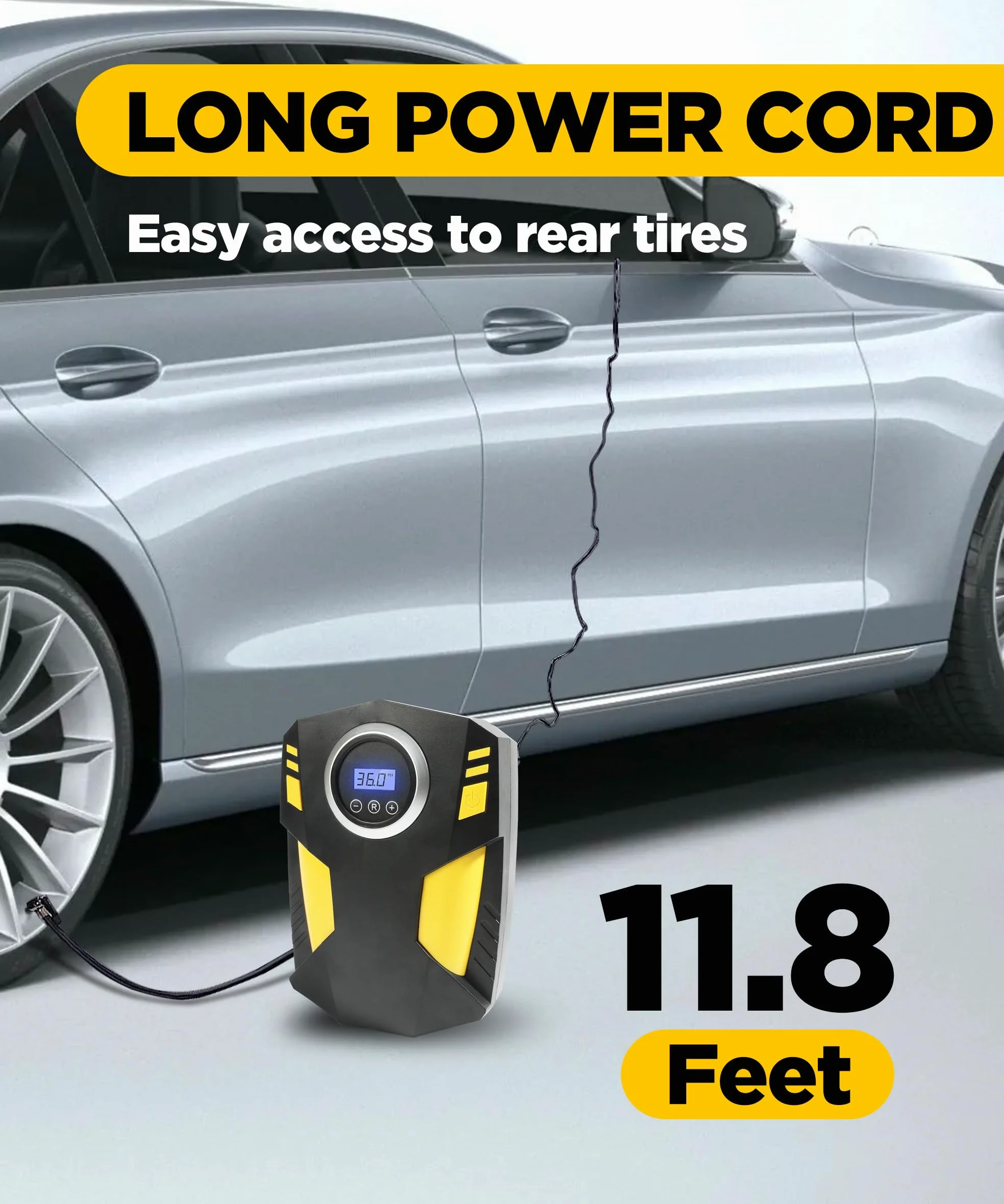 YAKEFLY Inflador de neumáticos, compresor de aire portátil, bomba de neumáticos de coche de 12 V CC con medidor de presión digital, apagado automático de 150 PSI con flash LED de emergencia, compresor