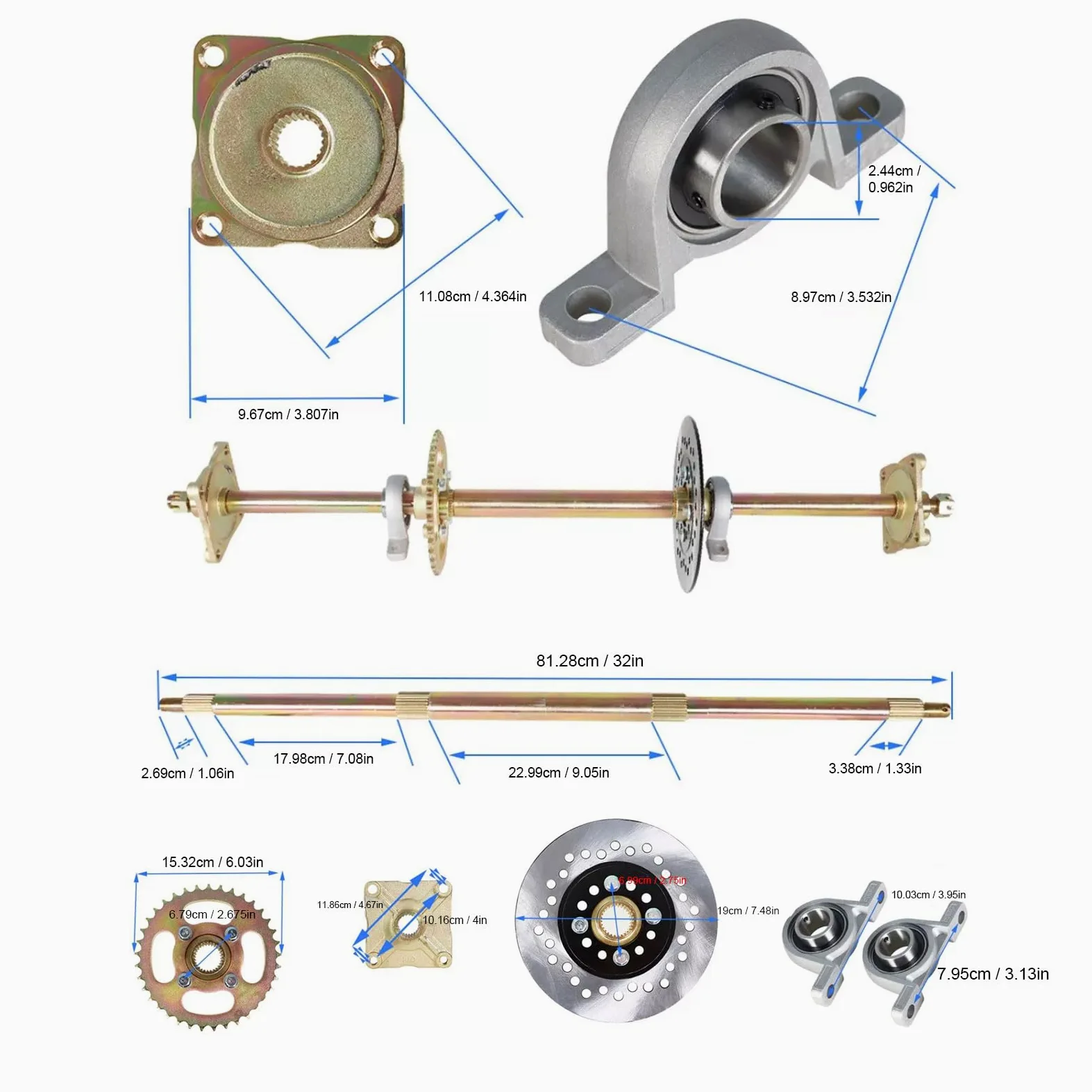 Keenso Kit de Eje para Kart, Conjunto de Eje de Transmisión Trasero de 32 Pulgadas, Piñón 428 de 37 Dientes, Disco de Freno de 7,5 Pulgadas y Juego de Cadena para ATV, Quad, Drift y