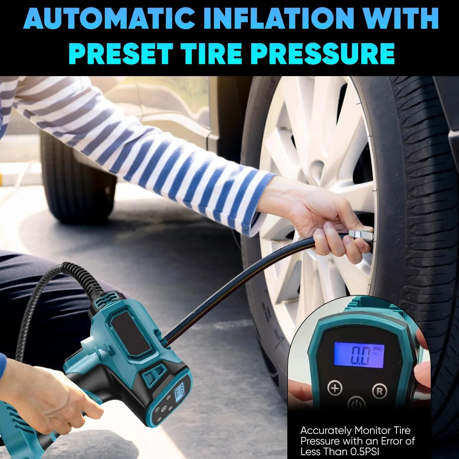 Inflador Ruedas Coche Inflador de neumáticos de Coche portátil inalámbrico, luz LED, batería de 18V, Carga Dual de Coche de 12V para SUV/Motocicleta/Bicicleta Compresores de Aire portátiles
