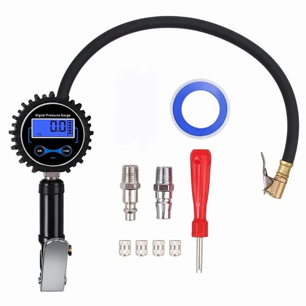 Inflador de neumáticos Digital 0-200PSI con manómetro con 4 Tapas de válvula Indicador de inflado de neumáticos de Acero con Manguera de Goma