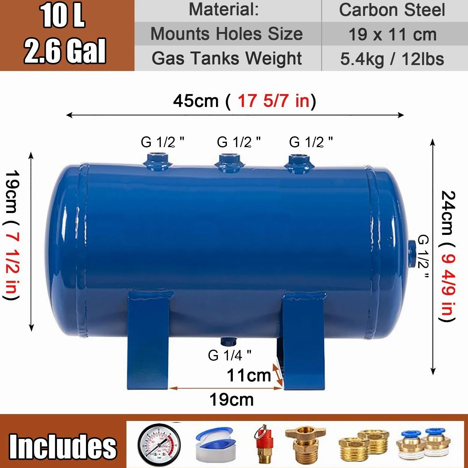 Tanque De Depósito De Aire De Acero Al Carbono, Tanques De Aire Comprimido De Gran Capacidad para Fábrica/Laboratorio, Presión Máxima 12,5 Bar(10L/2.6Gal (45x19x24cm) A)