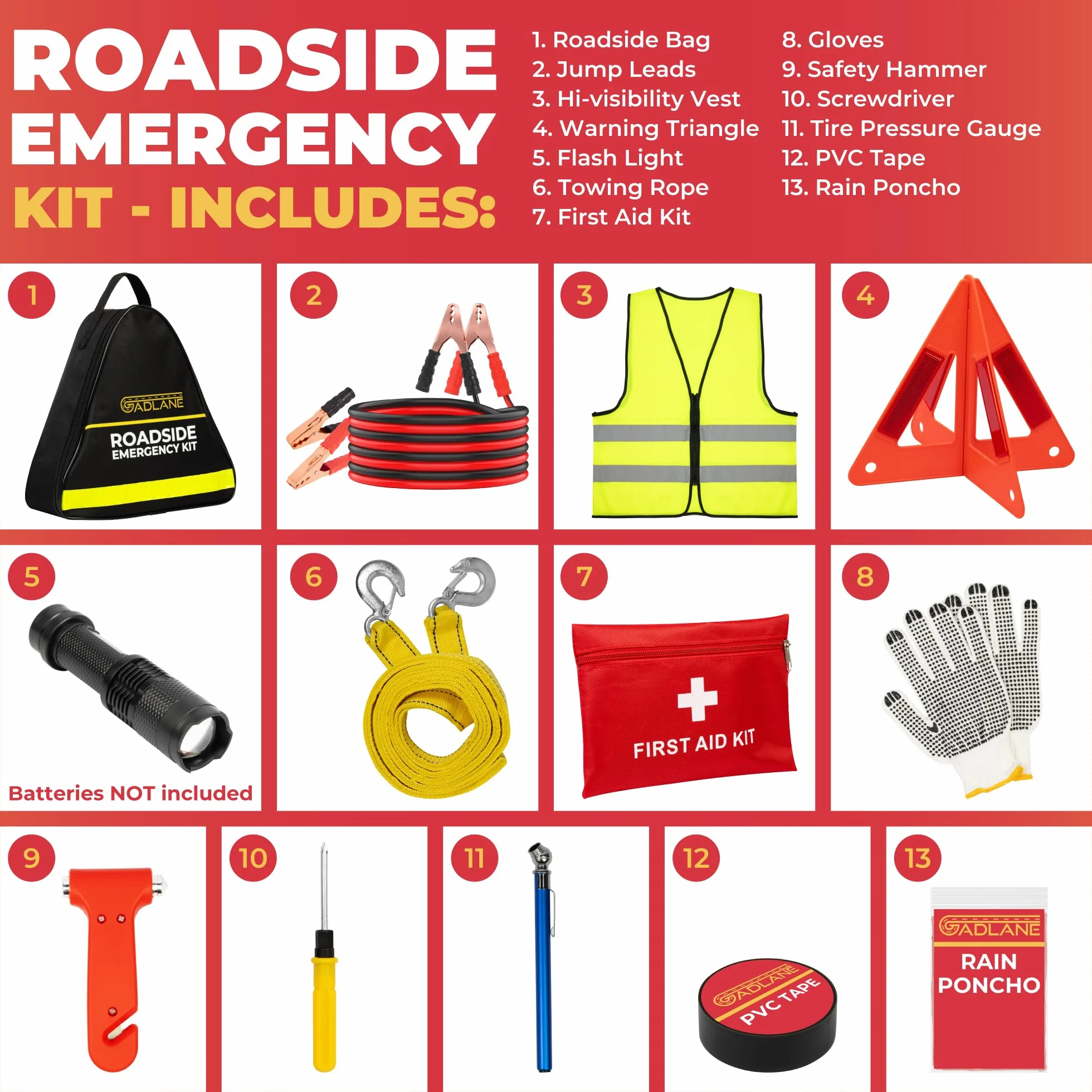 GADLANE Kit de emergencia para avería de coche - Gran kit de emergencia en carretera con triángulo de advertencia, cables de puente, cuerda de remolque, botiquín de primeros auxilios, martillo de