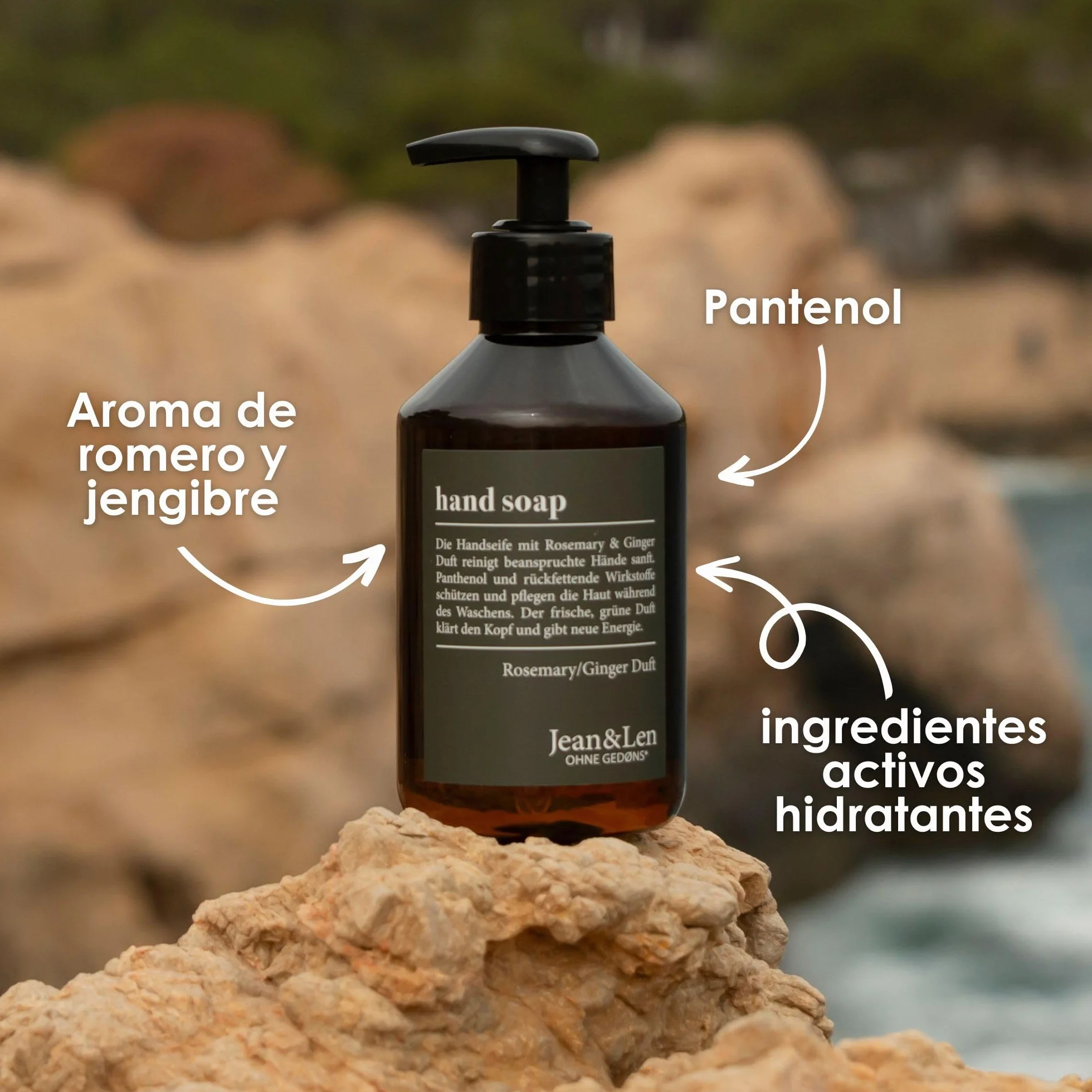 Jean & Len Jabón de manos Rosemary & Ginger 6 x 250 ml dosificador recargable sin parabenos