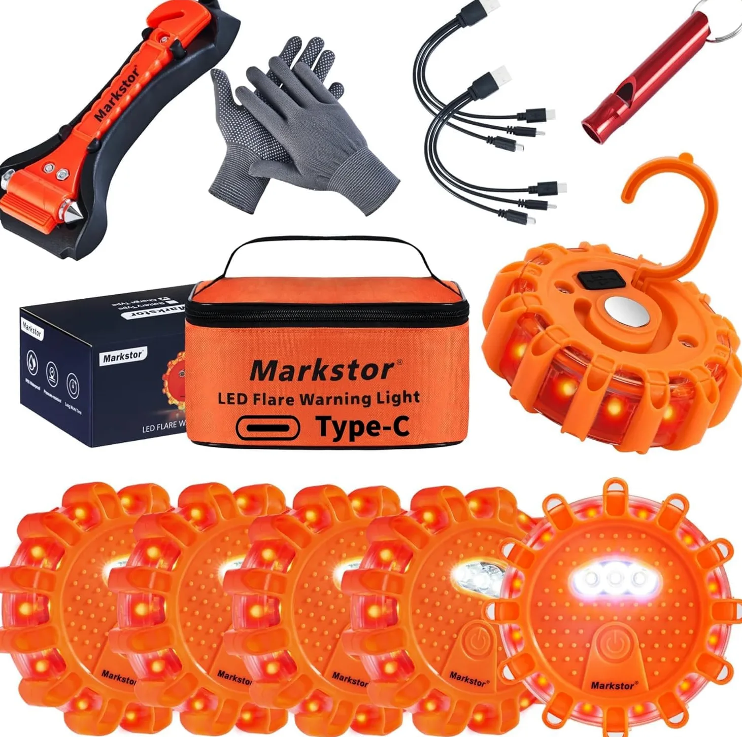Paquete de 6 bengalas LED de emergencia LED para carretera, recarga USB ámbar con magnético, kit de bengalas de disco de seguridad vial con martillo
