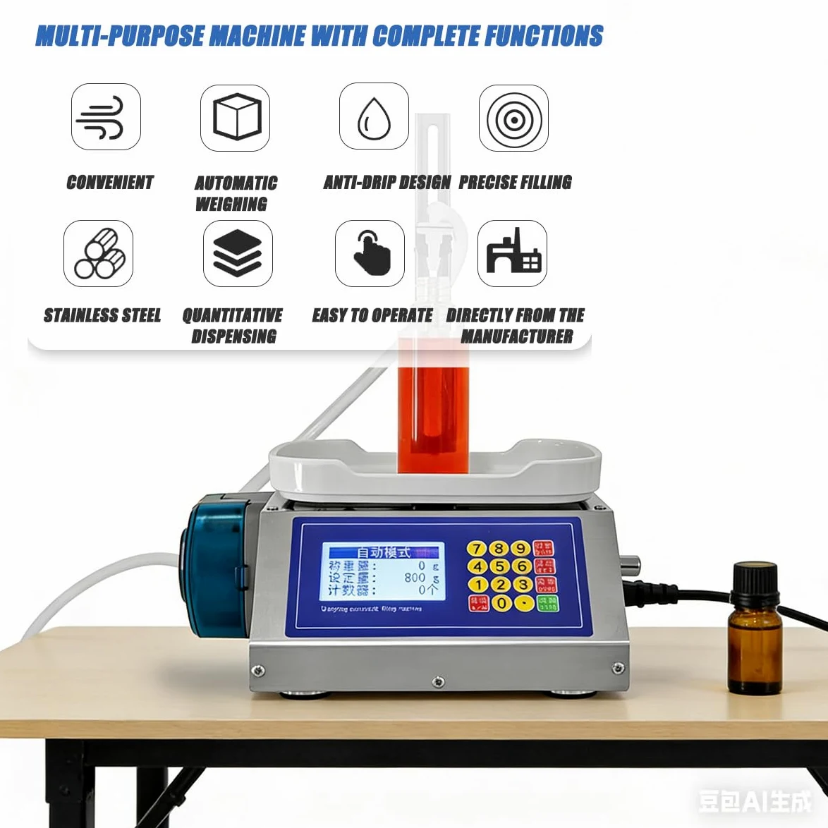 Llenadora automática de botellas, bomba peristáltica de 2-300 g, máquina de llenado con pesaje y pantalla LCD, caudal de 1,2 l/min, dispensador de líquido ajustable, máquina de llenado de aceite par