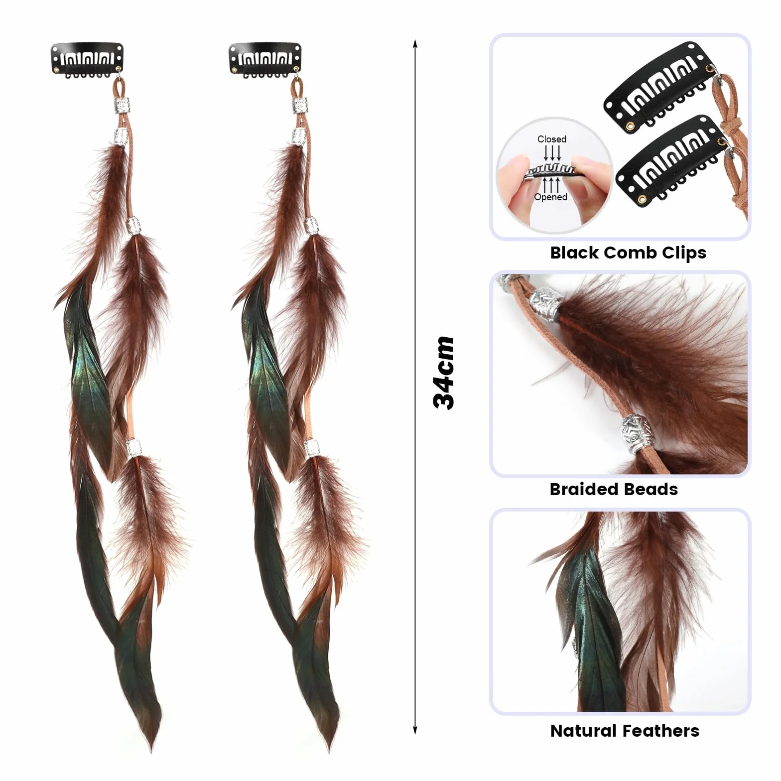 Pluma Indio Clips de Pelo Extensiones de Cabello Bohemio Hippie para Mujeres Festival Decoracion