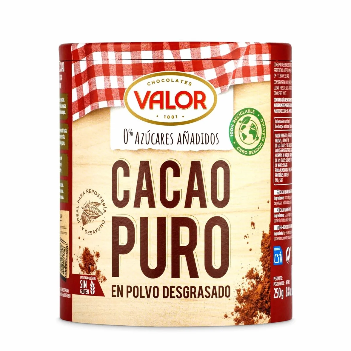 Valor Cacao puro soluble en polvo desgrasado 0% Azúcares añadidos Sin gluten 250 Gramos
