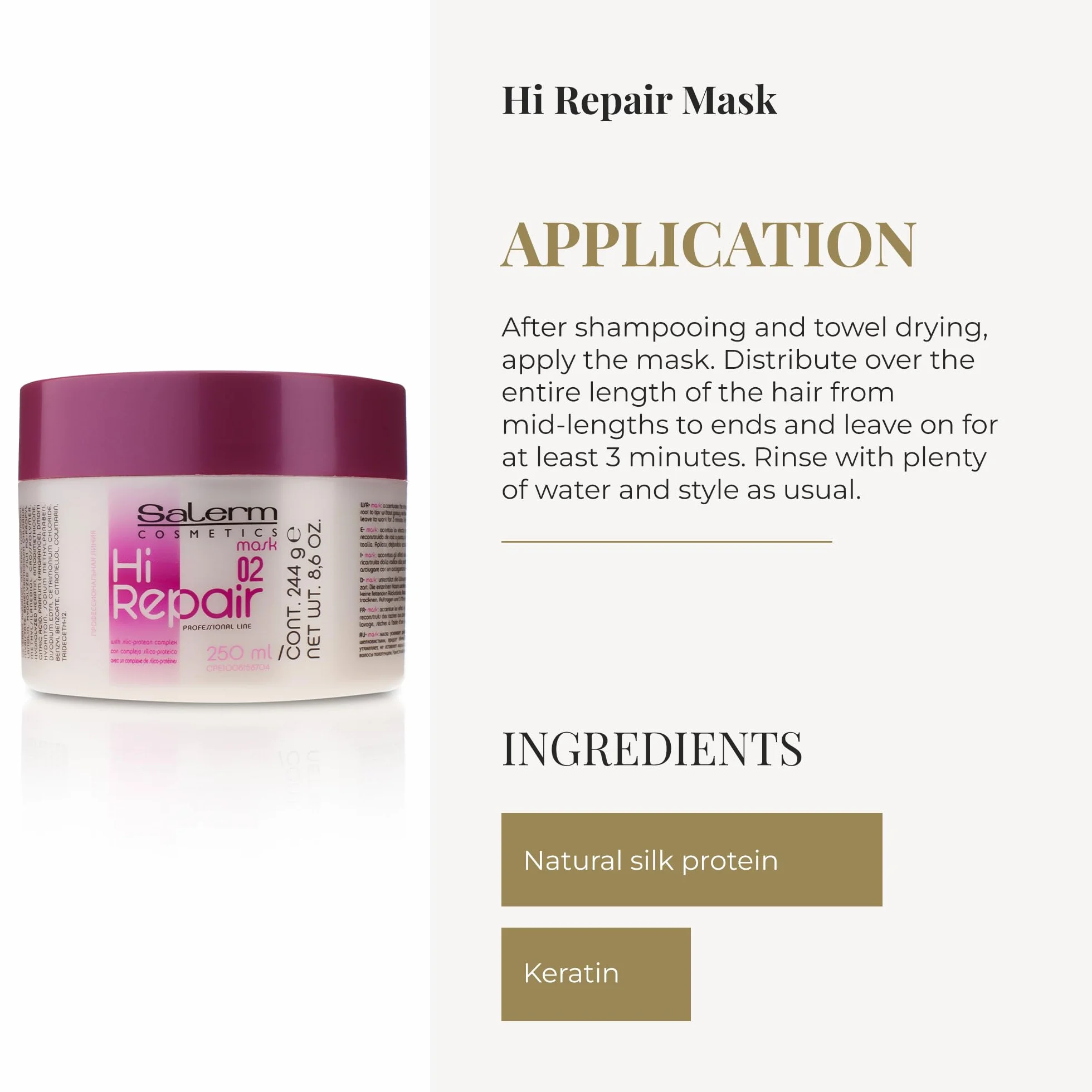 SALERM Mascarilla Reparadora Cabello Hi Repair Mask 250 ml - Hidratación Profunda Cabello Dañado