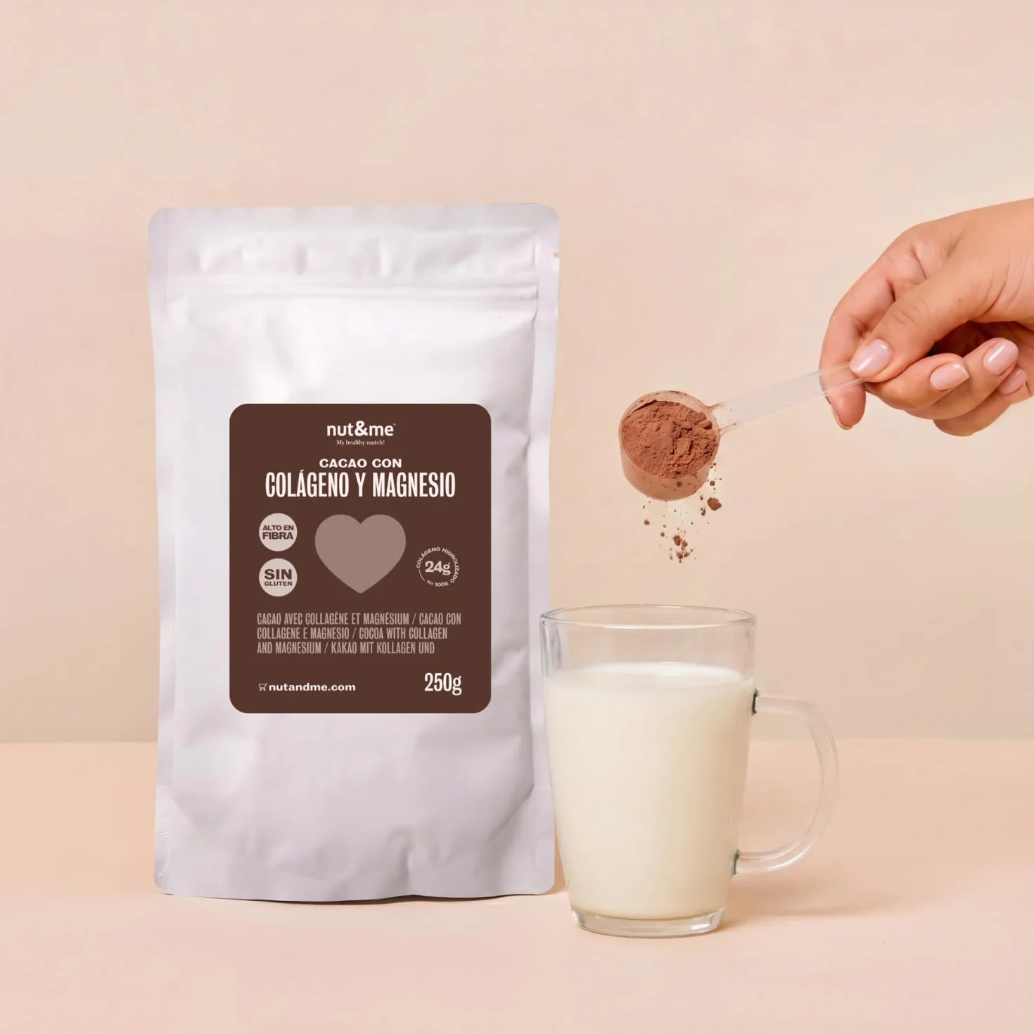 Nut&me Cacao con colágeno y magnesio 250 gr, alto en magnesio, hierro, potasio, keto, sin gluten