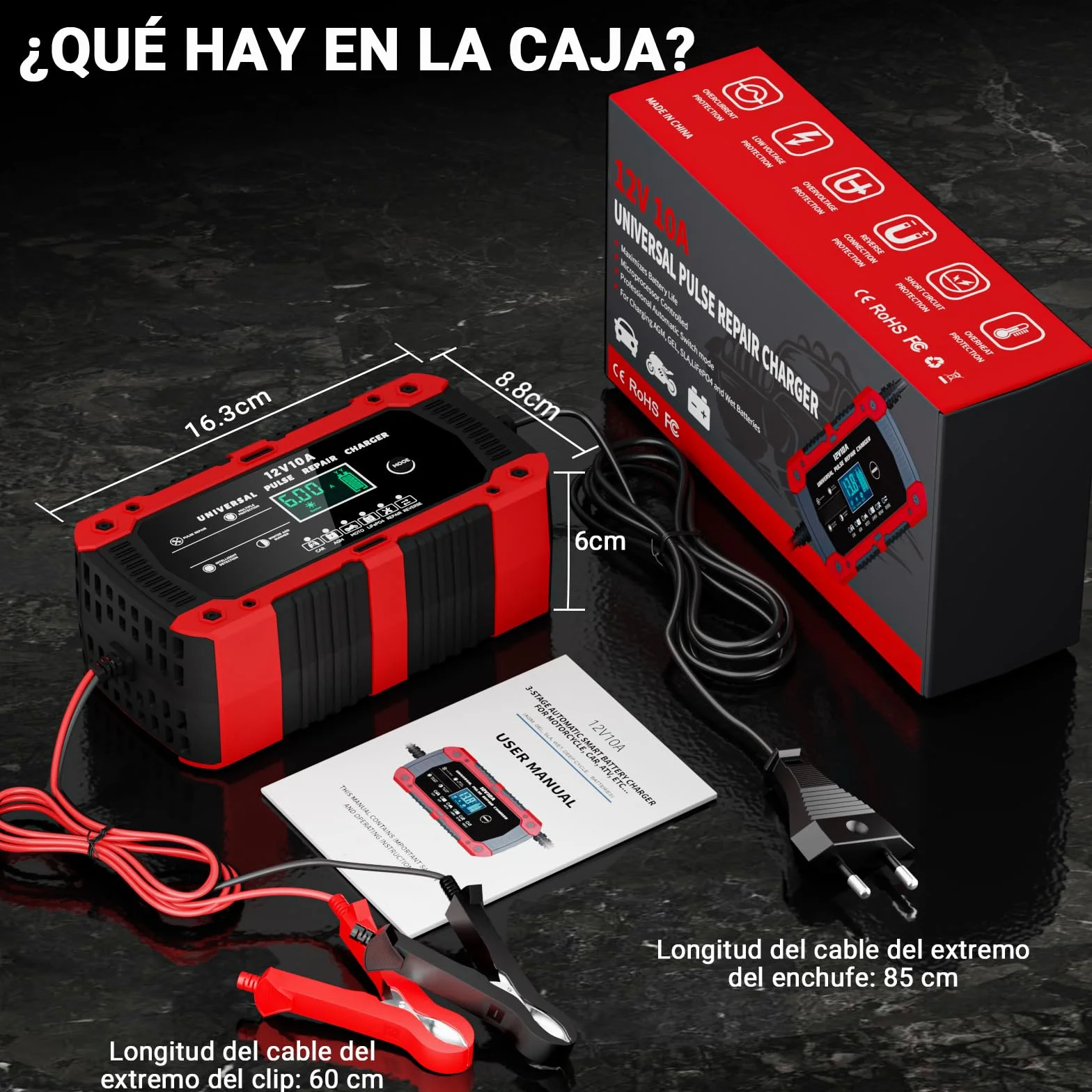Cargador de Batería de Coche 12V 10A Cargador Baterias Coche y Moto con Pantalla Táctil LCD Inteligente y Múltiples Protecciones Cargador de Batería para Auto Moto Camión AGM, Gel, SLA