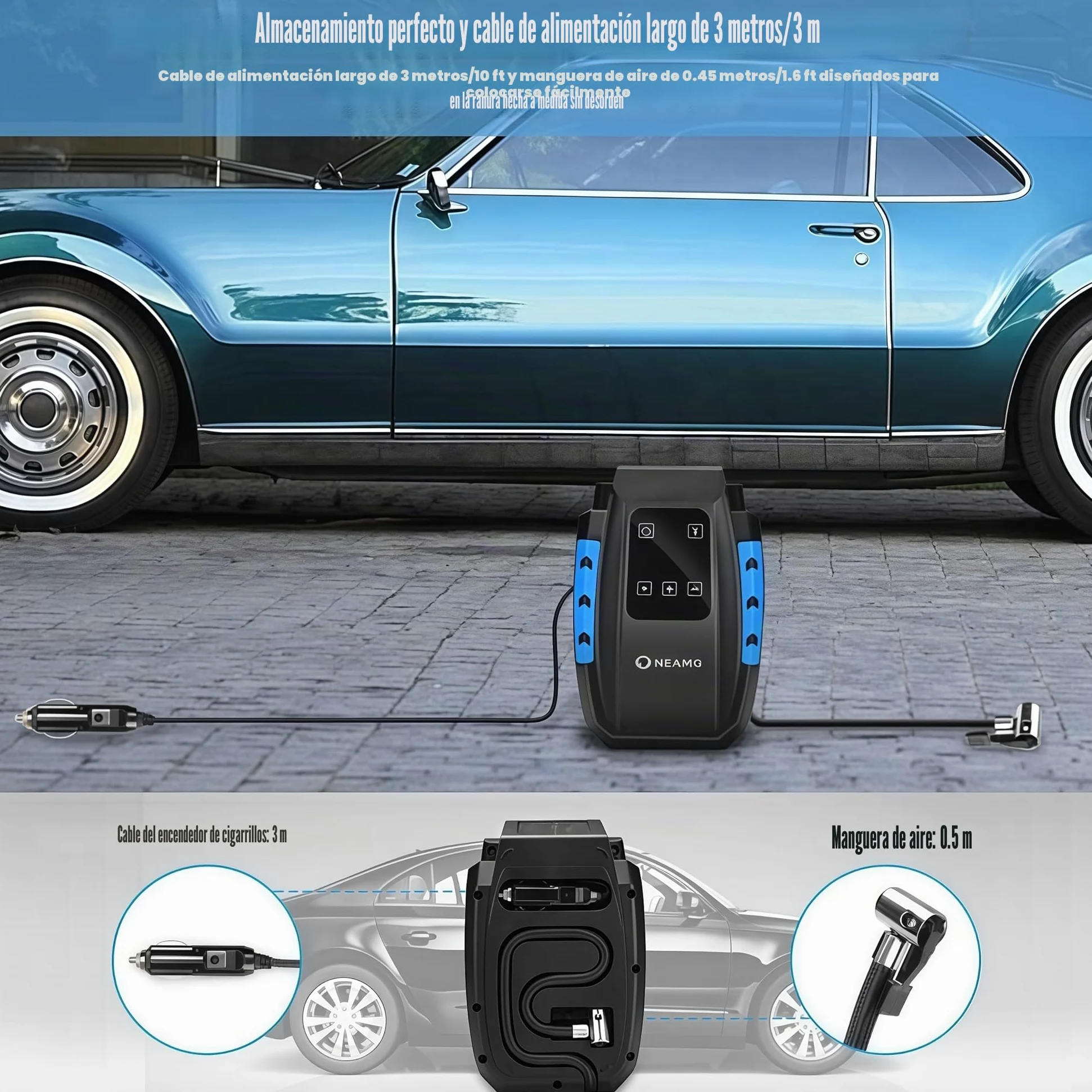 Compresor de Aire Eléctrico Portátil Alimentado con Manómetro 12V con LED Luces de Emergencia para Hinchar Neumático de Moto Coche y Bicicleta (Negro)