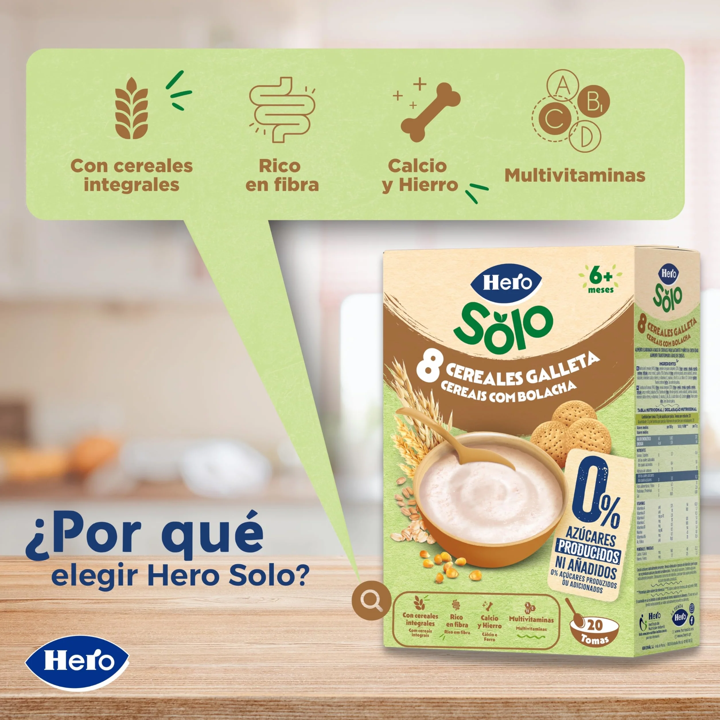 Hero Solo Papilla 8 Cereales con Galleta Sin Azúcares Añadidos para Bebés 6 Meses