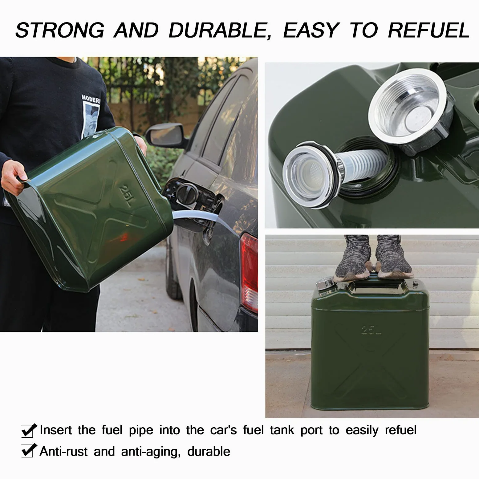 Recipientes para Gasolina Tanque de Metal, Stardard Can Home Backup Tank con caño Flexible, Petrol Diesel de Emergencia para Estación, Ejército Green (25L, 30L, 40L)