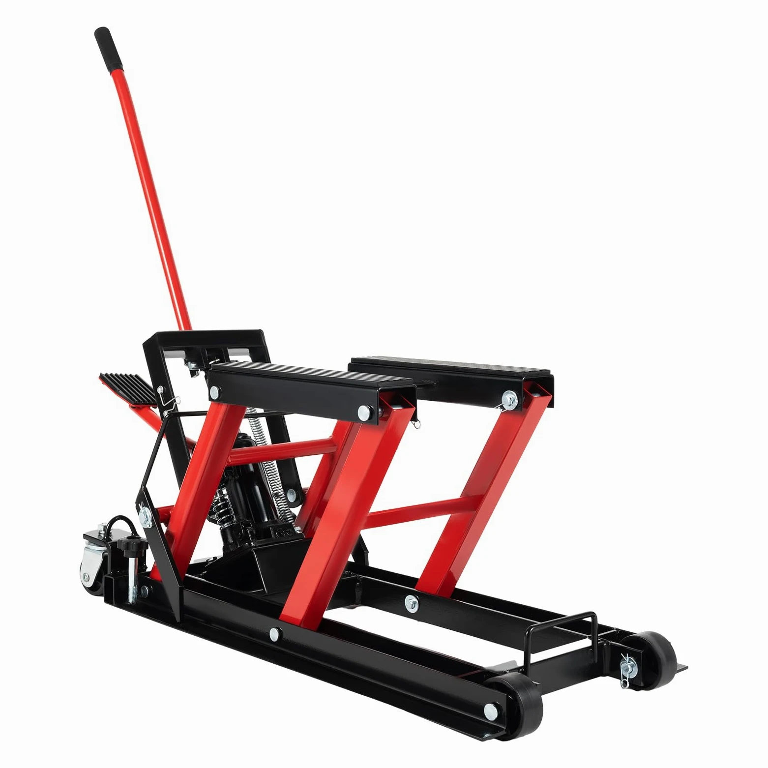 Plataforma elevadora hidráulica para motocicleta, capacidad de carga de 680 kg y ajuste de altura 115-365 mm, con pasadores de seguridad y ruedas, para reparación y mantenimiento de vehículos todo