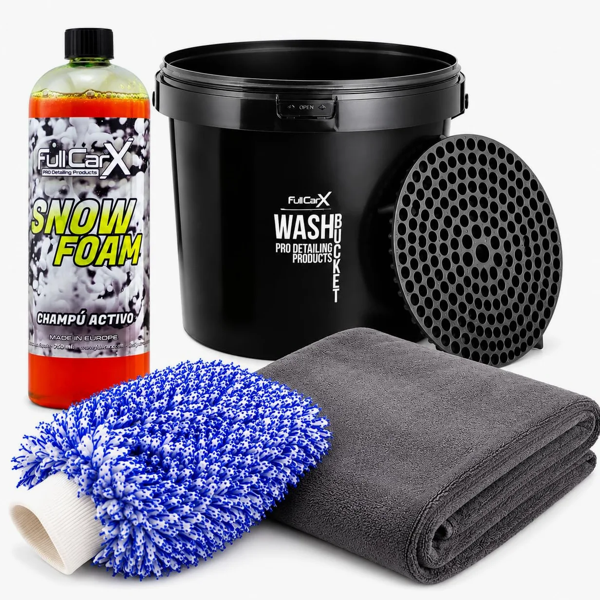 AutoFullCar Kit Lavado Coche Completo, Champú pH Neutro, Cubo con Rejilla, Manopla Microfibra, Toalla de Secado XXL, Accesorios Detailing para Limpieza Exterior