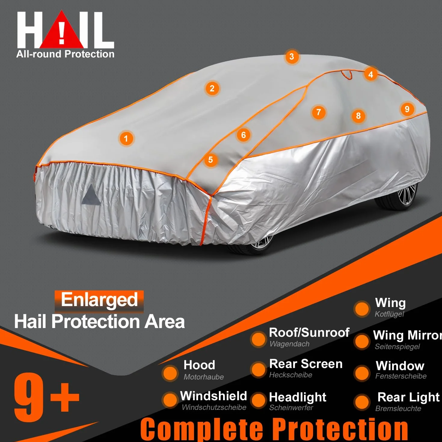 Funda Coche Antigranizo, Kayme Cubre Coches Exterior Impermeable Transpirable Antipolvo Anti-UV, Funda Repelente Cubierta para Coche con Tira Reflectante para Sedán (475 a 495 cm) 3XL Gris